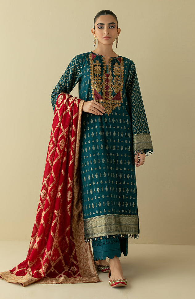 OTLF-22-020/U TEAL JACQUARD  UNSTITCHED SHIRT DUPATTA PANTS
