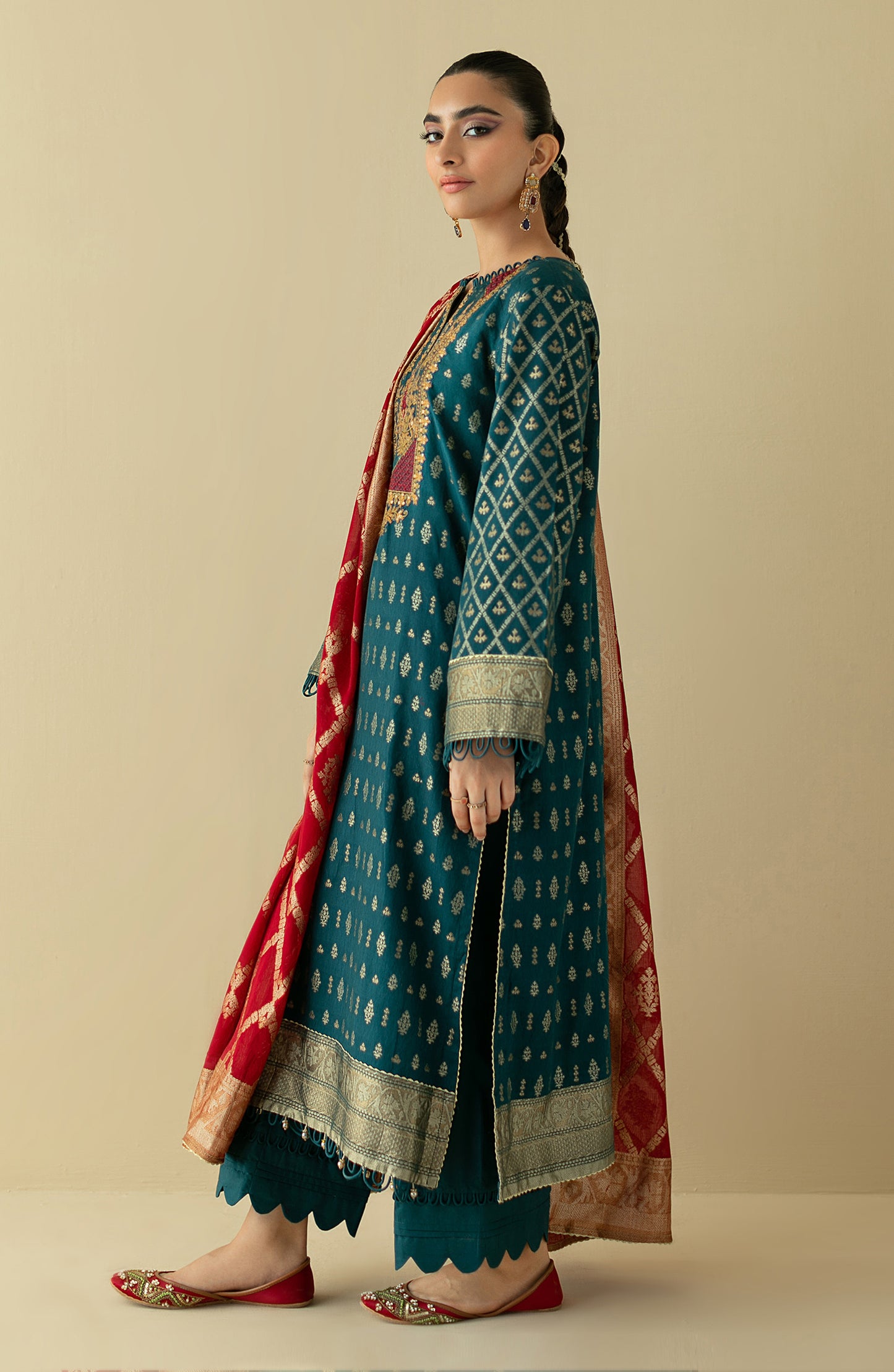 OTLF-22-020/U TEAL JACQUARD  UNSTITCHED SHIRT DUPATTA PANTS