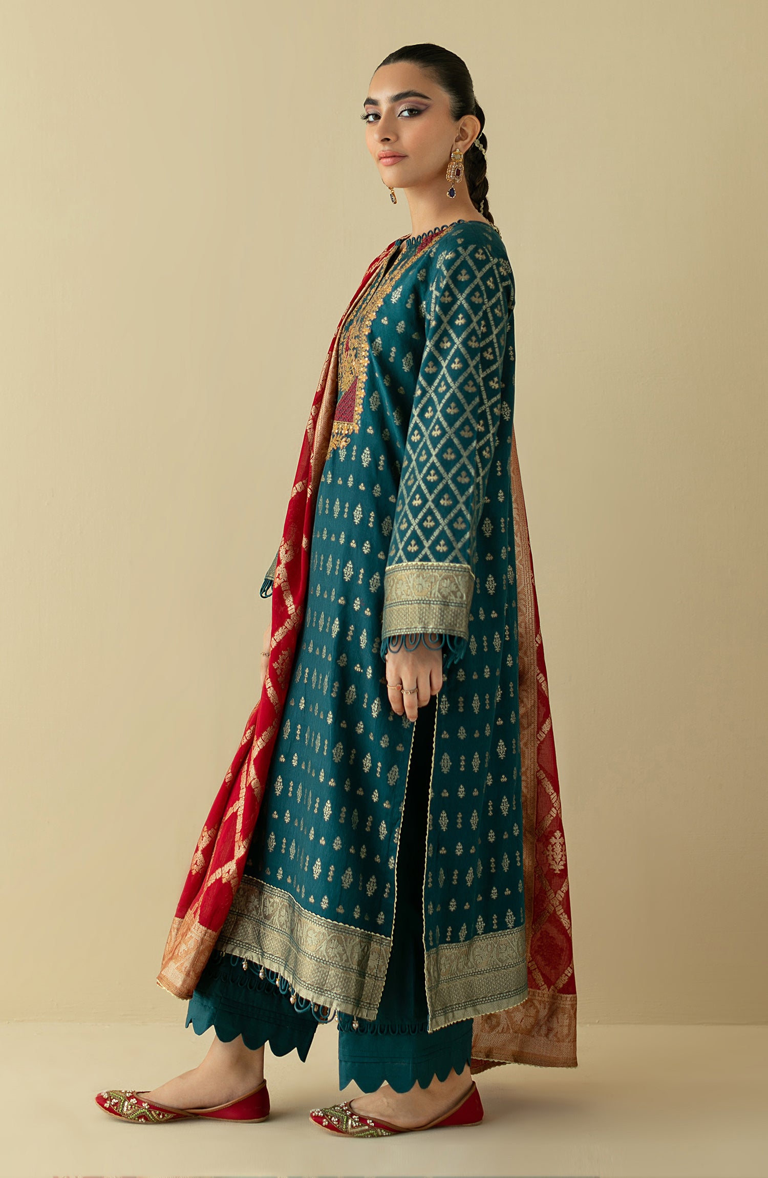 OTLF-22-020/U TEAL JACQUARD  UNSTITCHED SHIRT DUPATTA PANTS