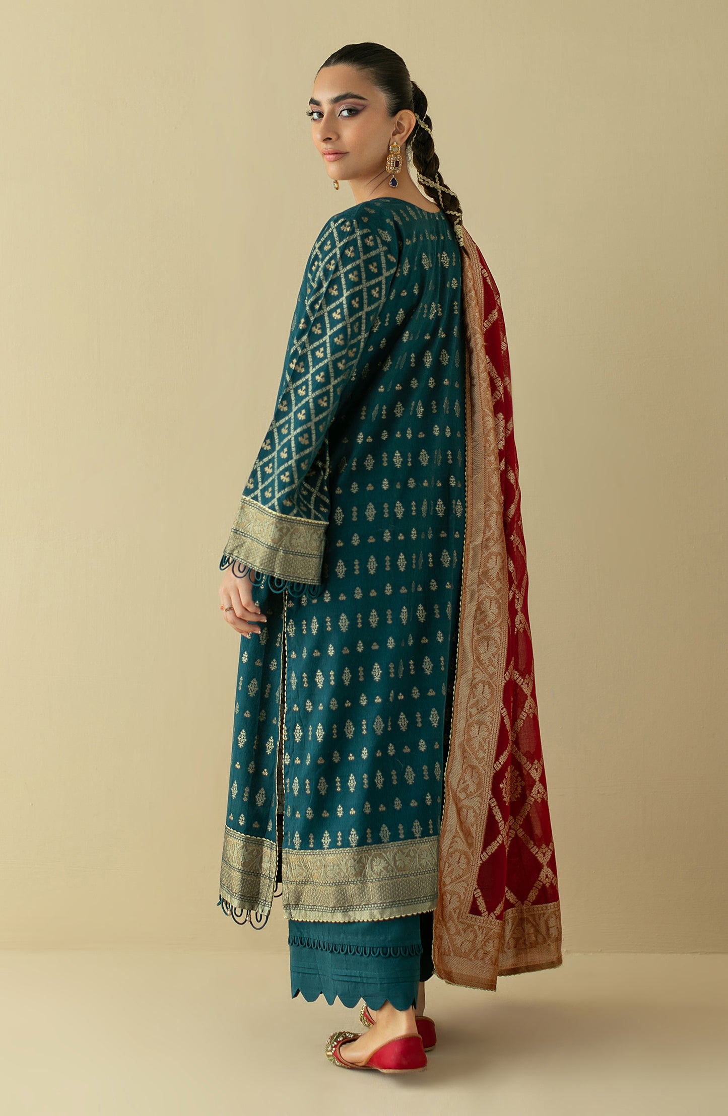 OTLF-22-020/U TEAL JACQUARD  UNSTITCHED SHIRT DUPATTA PANTS