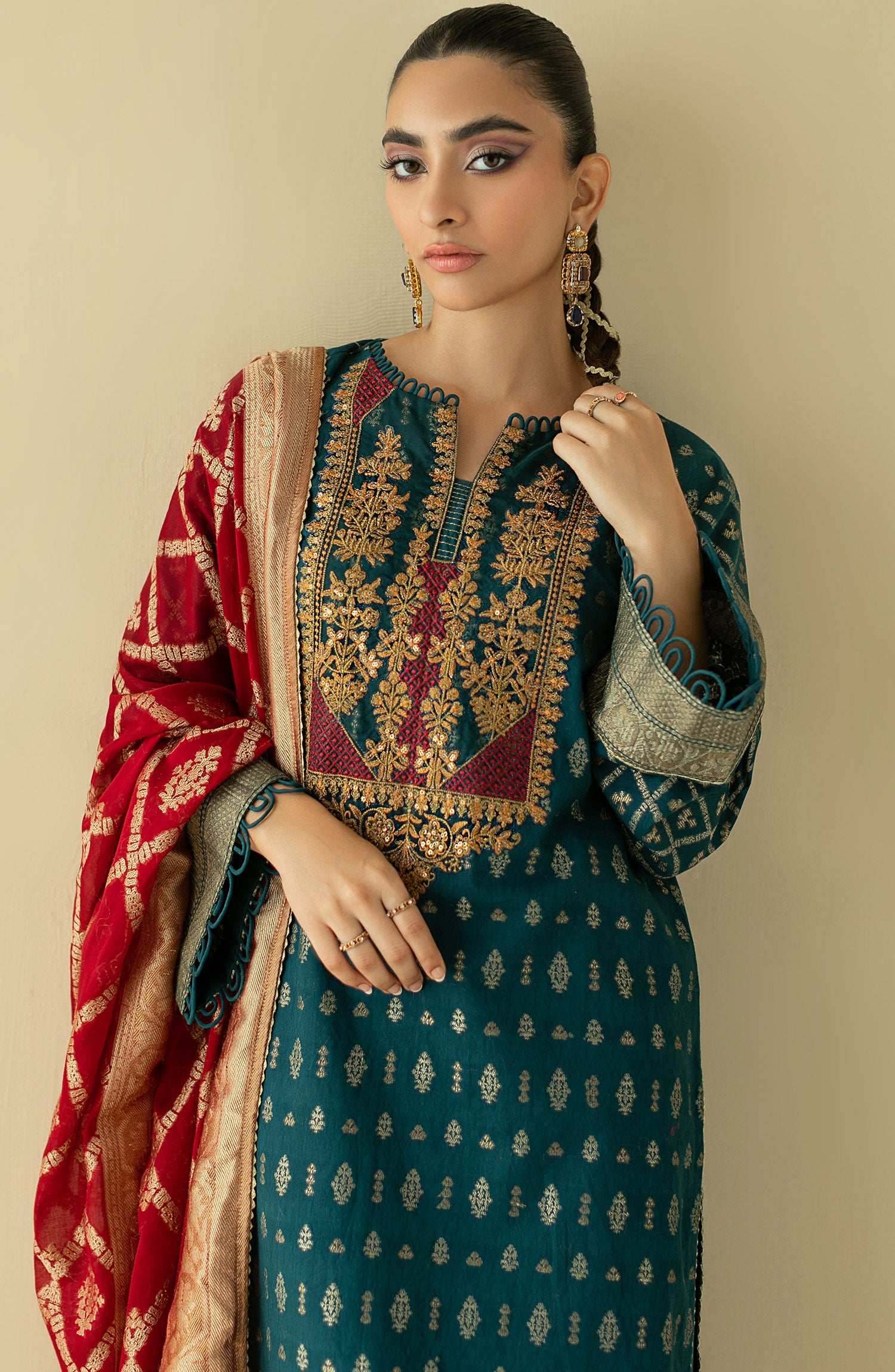 OTLF-22-020/U TEAL JACQUARD  UNSTITCHED SHIRT DUPATTA PANTS