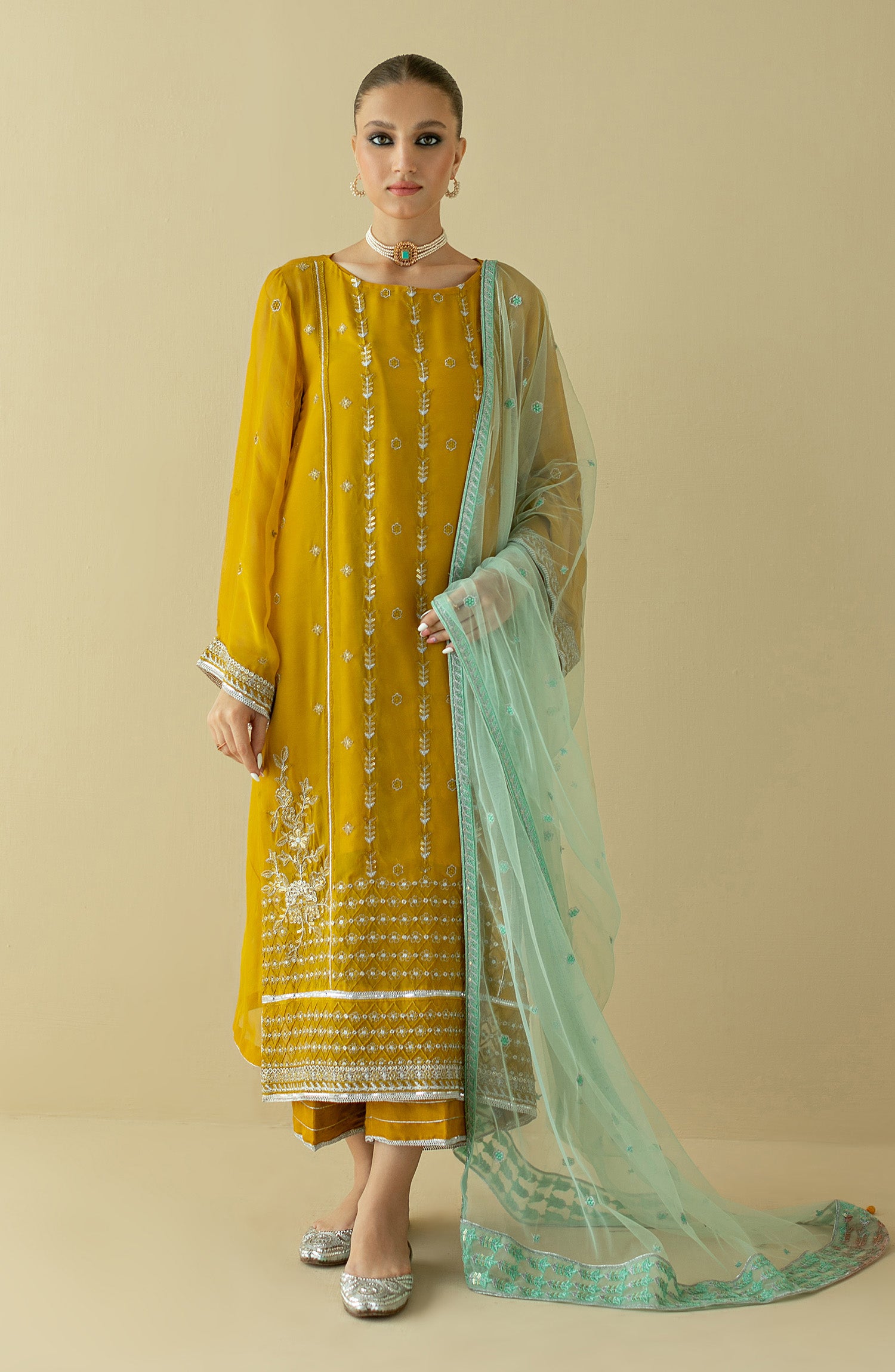 NF-SDT-22-002/S MUSTARD CHIFFON  READY TO WEAR SHIRT DUPATTA PANTS