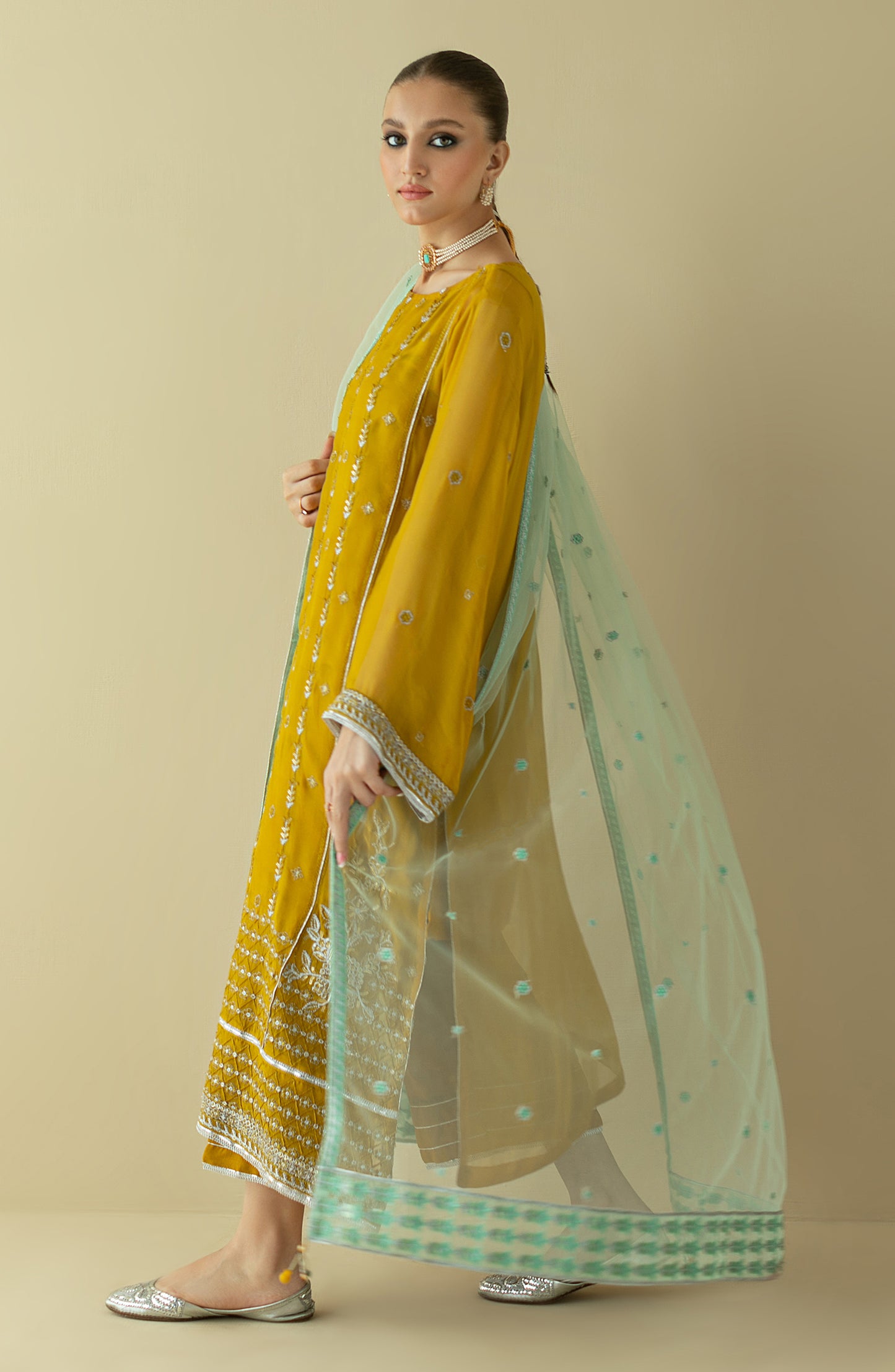 NF-SDT-22-002/S MUSTARD CHIFFON  READY TO WEAR SHIRT DUPATTA PANTS