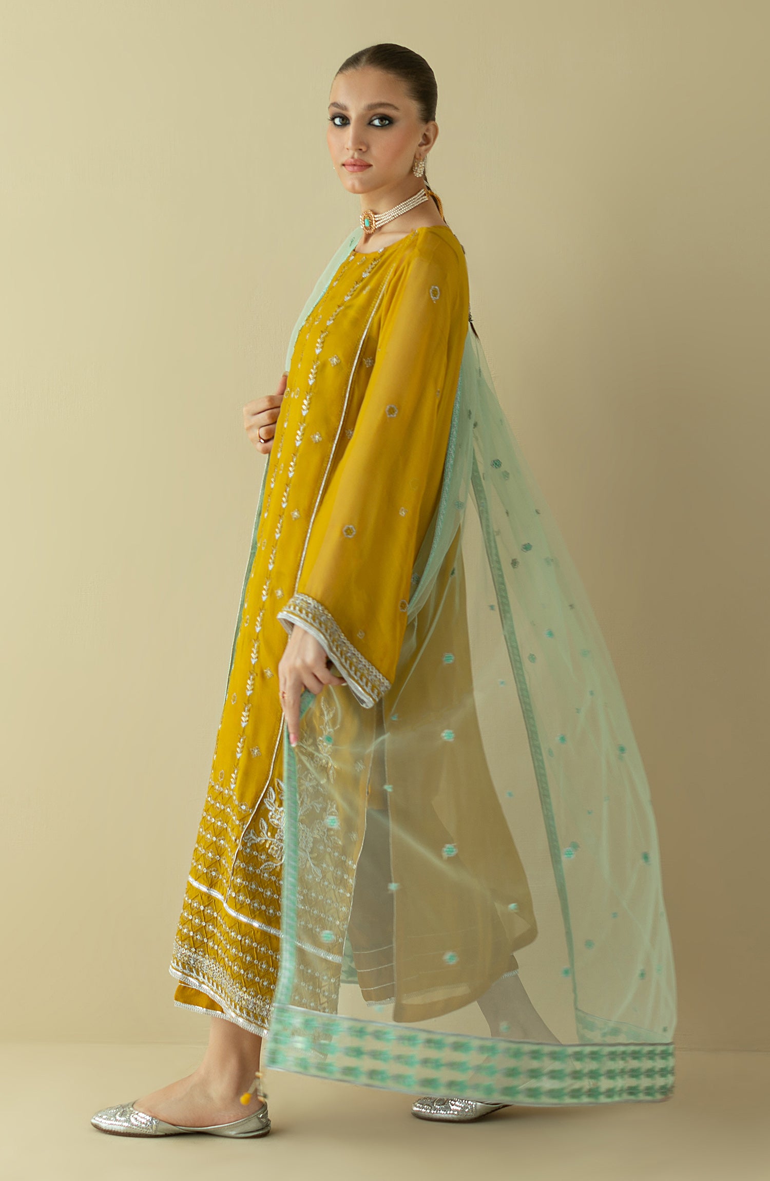 NF-SDT-22-002/S MUSTARD CHIFFON  READY TO WEAR SHIRT DUPATTA PANTS