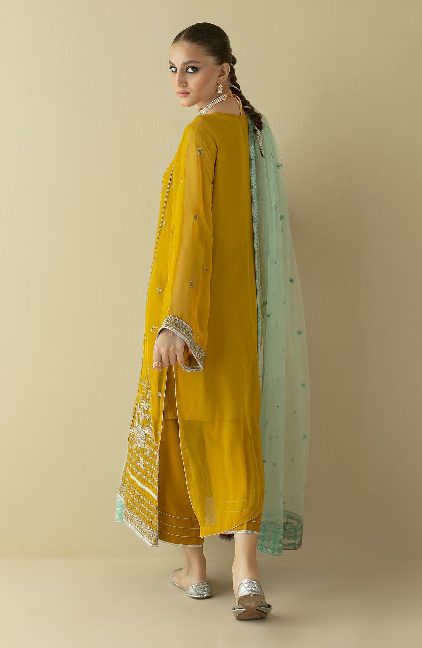 NF-SDT-22-002/S MUSTARD CHIFFON  READY TO WEAR SHIRT DUPATTA PANTS