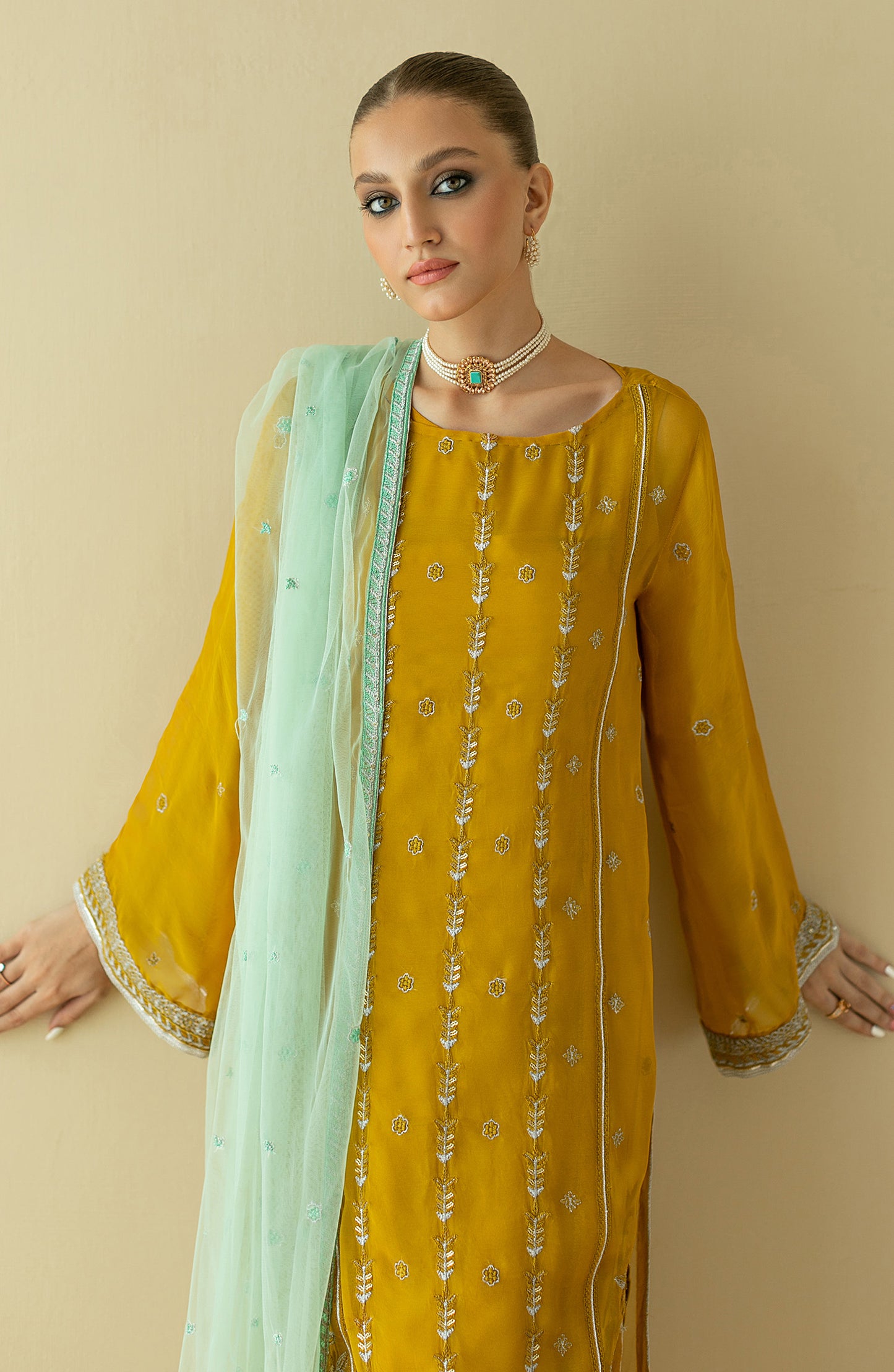 NF-SDT-22-002/S MUSTARD CHIFFON  READY TO WEAR SHIRT DUPATTA PANTS