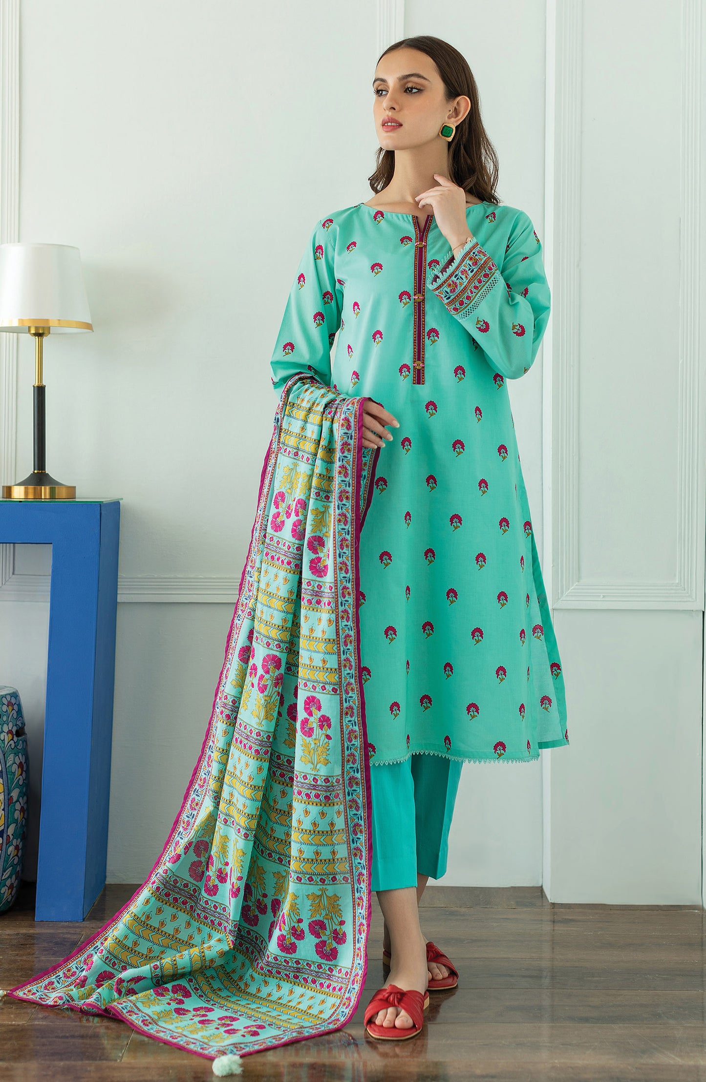 OTL-23-255/U TURQUOISE LAWN  UNSTITCHED SHIRT DUPATTA PANTS