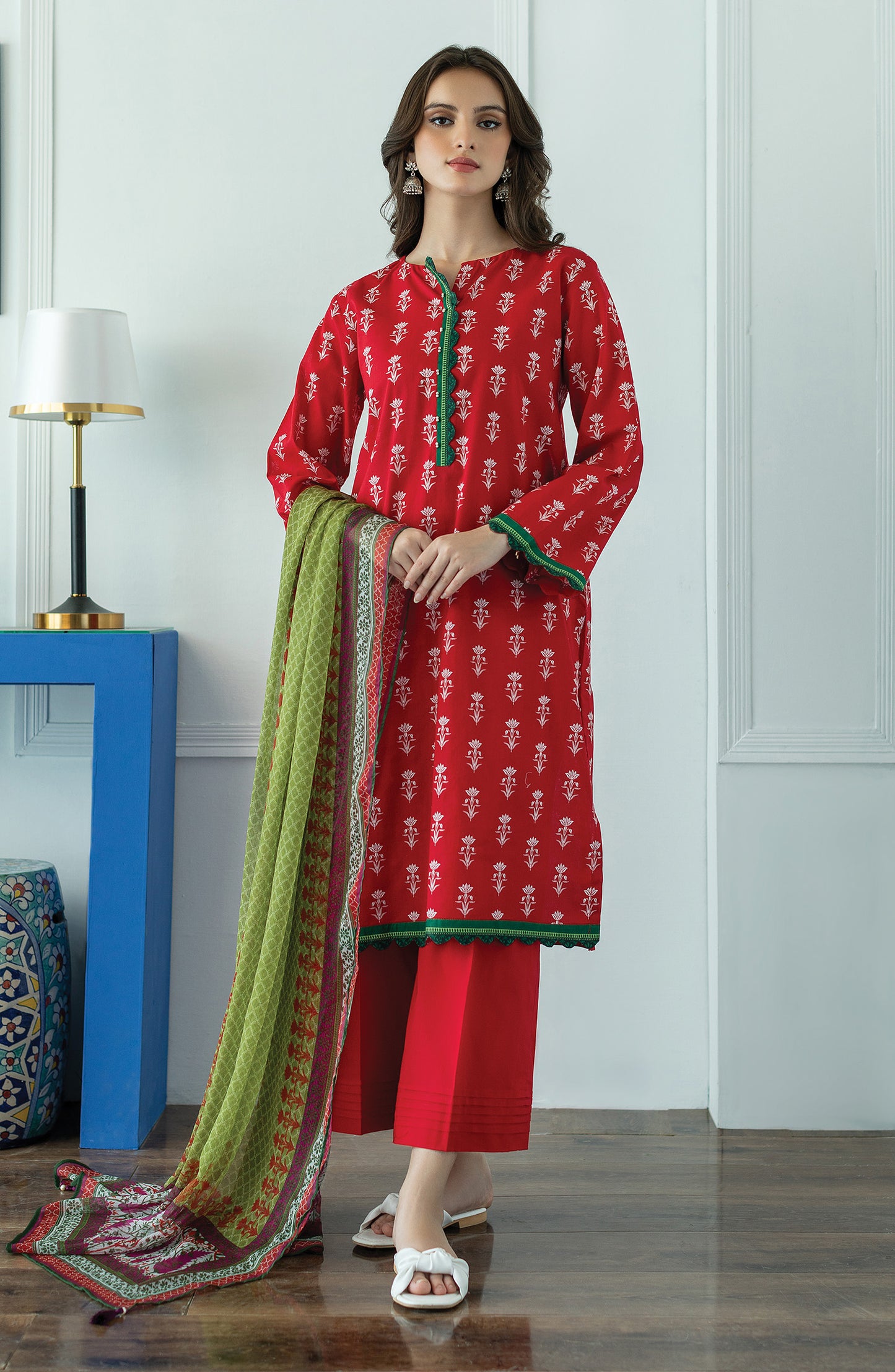 OTL-23-064/U RED LAWN  UNSTITCHED SHIRT DUPATTA PANTS