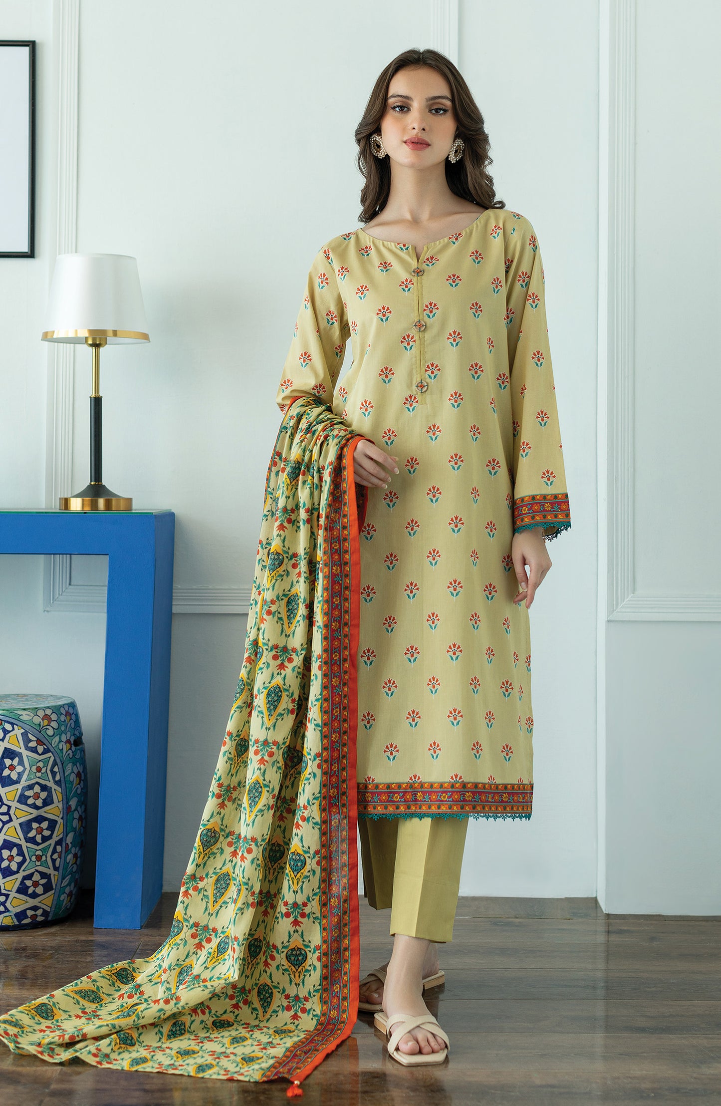 OTL-23-040/U BEIGE LAWN  UNSTITCHED SHIRT DUPATTA PANTS