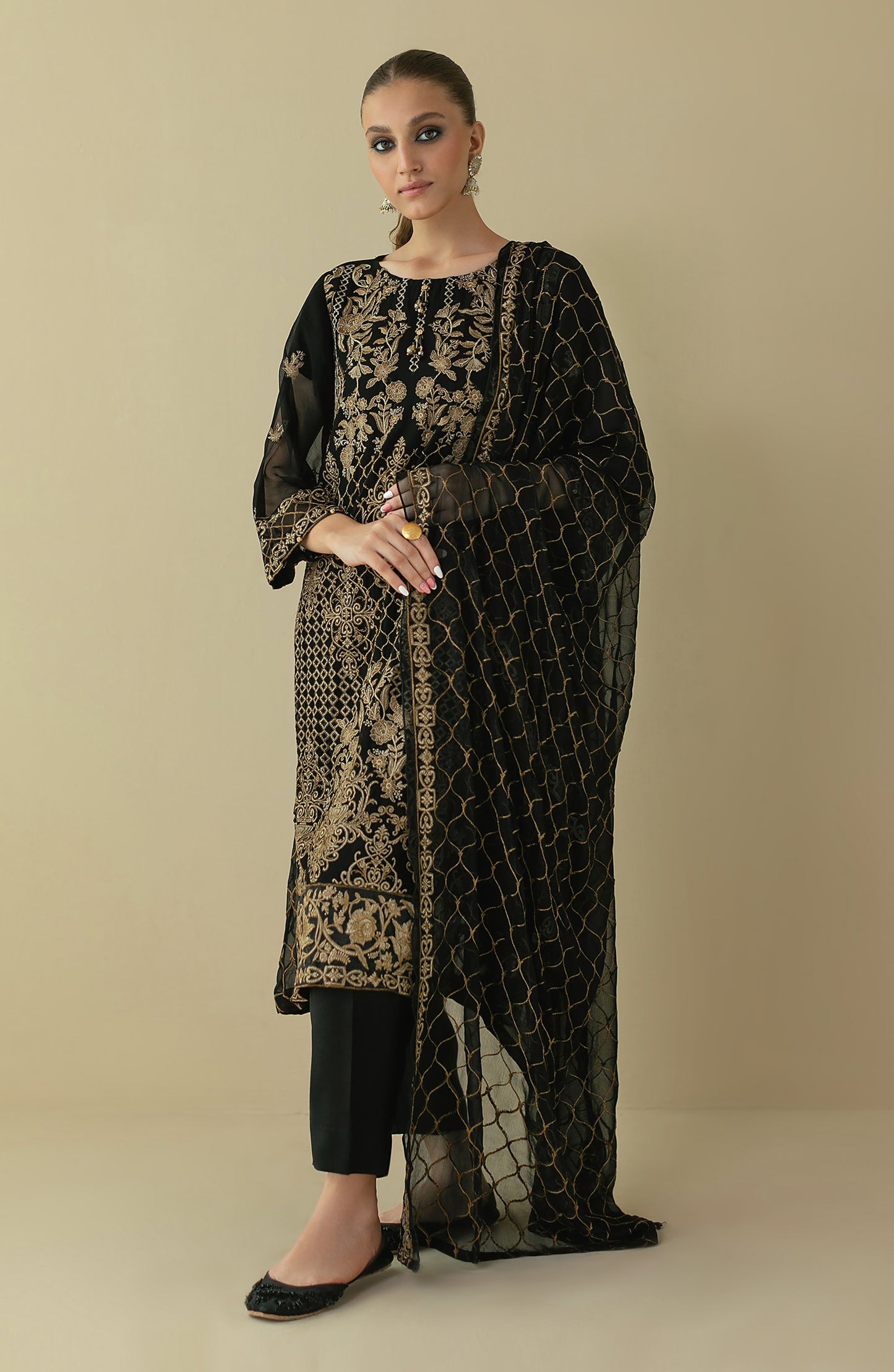 NRF-022/S BLACK CHIFFON  READY TO WEAR SHIRT DUPATTA PANTS