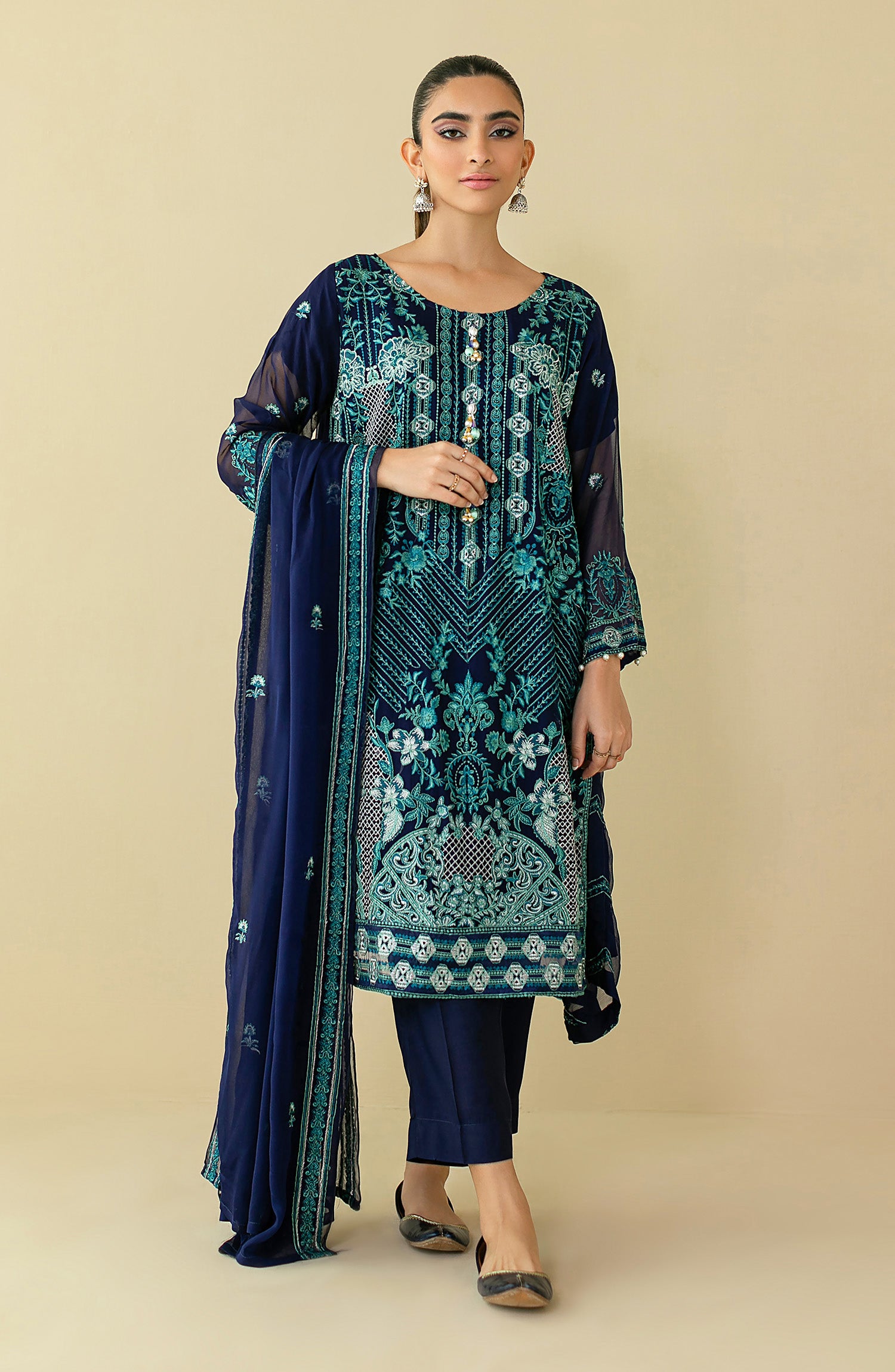 NRF-023/S BLUE CHIFFON  READY TO WEAR SHIRT DUPATTA PANTS