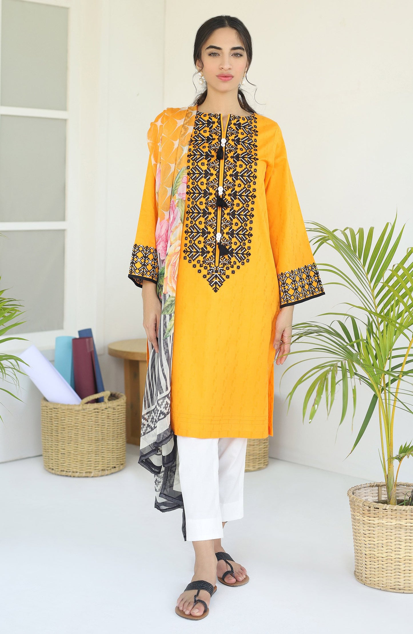 Unstitched 2PC Embroidered Jacquard Shirt and Chiffon Dupatta (NRDS-146-2PC ORANGE)
