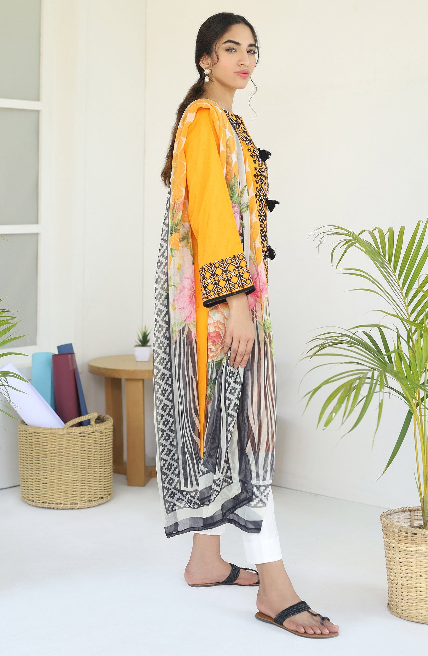 Unstitched 2PC Embroidered Jacquard Shirt and Chiffon Dupatta (NRDS-146-2PC ORANGE)