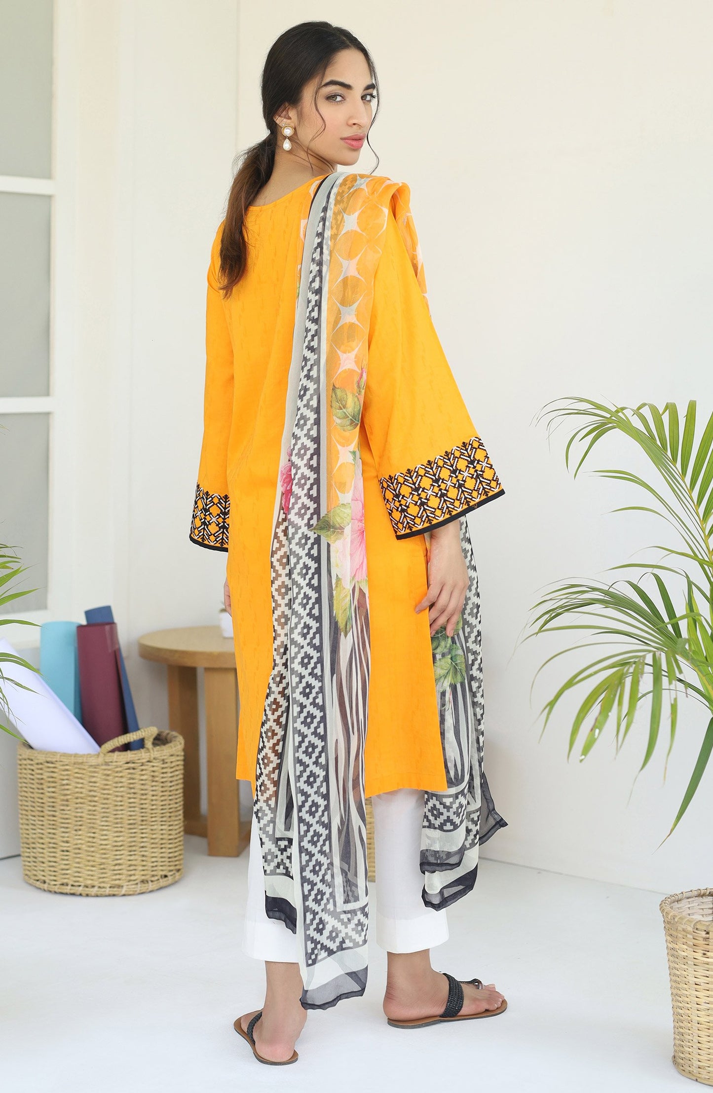 Unstitched 2PC Embroidered Jacquard Shirt and Chiffon Dupatta (NRDS-146-2PC ORANGE)