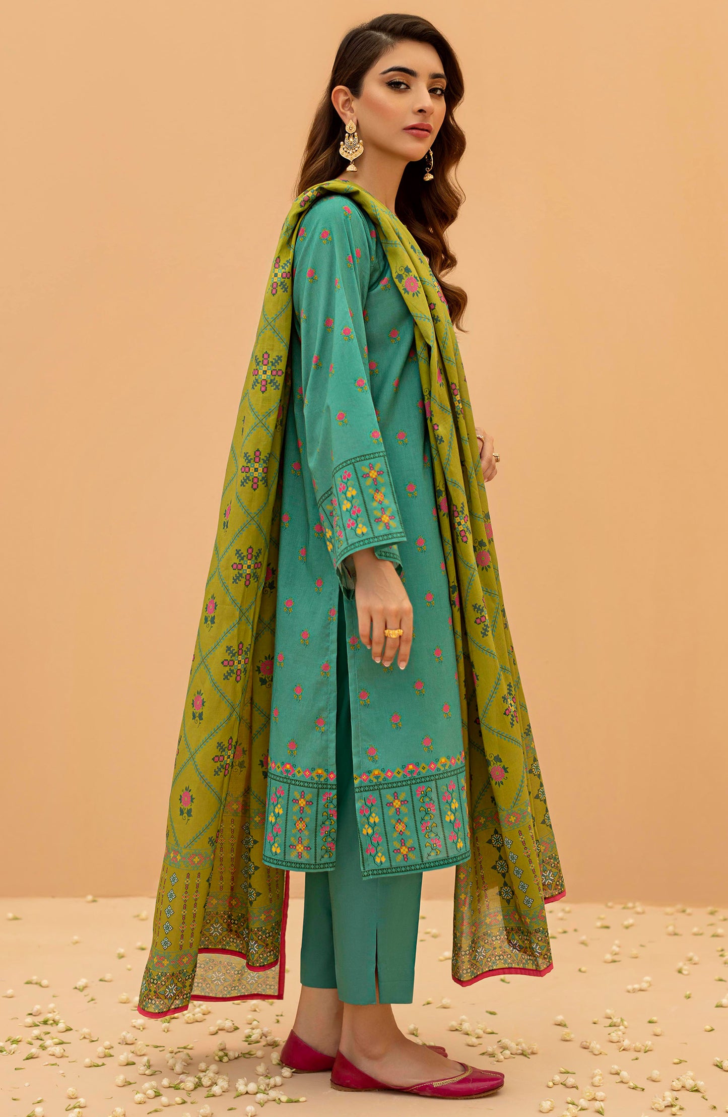 Stitched 3 Piece Embroidered Cambric Shirt , Cambric Pant and Lawn Dupatta
