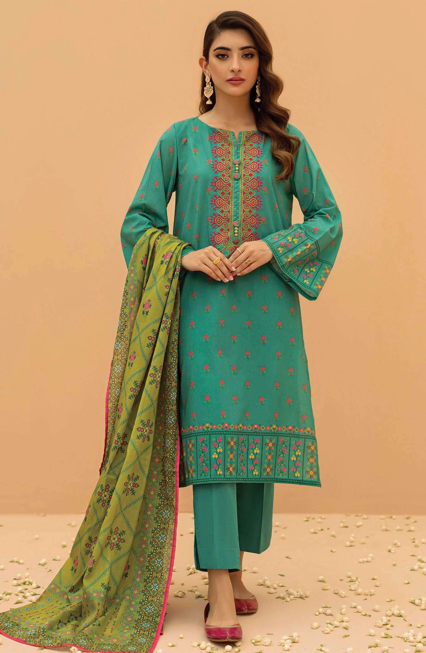 Stitched 3 Piece Embroidered Cambric Shirt , Cambric Pant and Lawn Dupatta