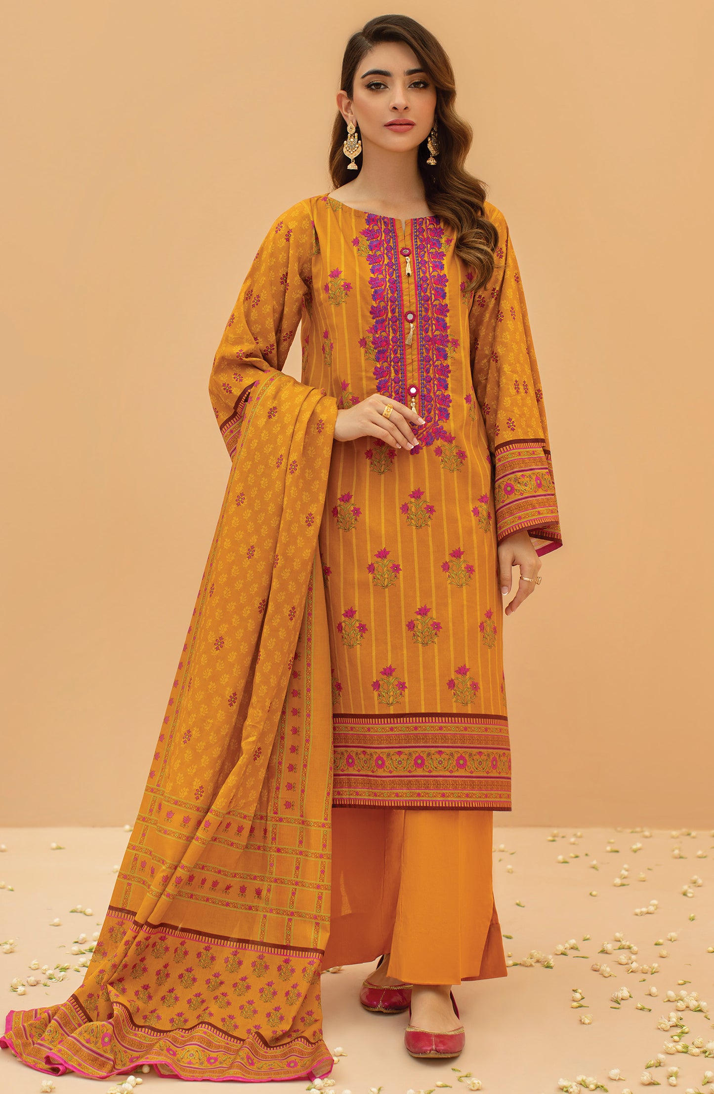 Stitched 3 Piece Embroidered Cambric Shirt , Cambric Pant and Lawn Dupatta