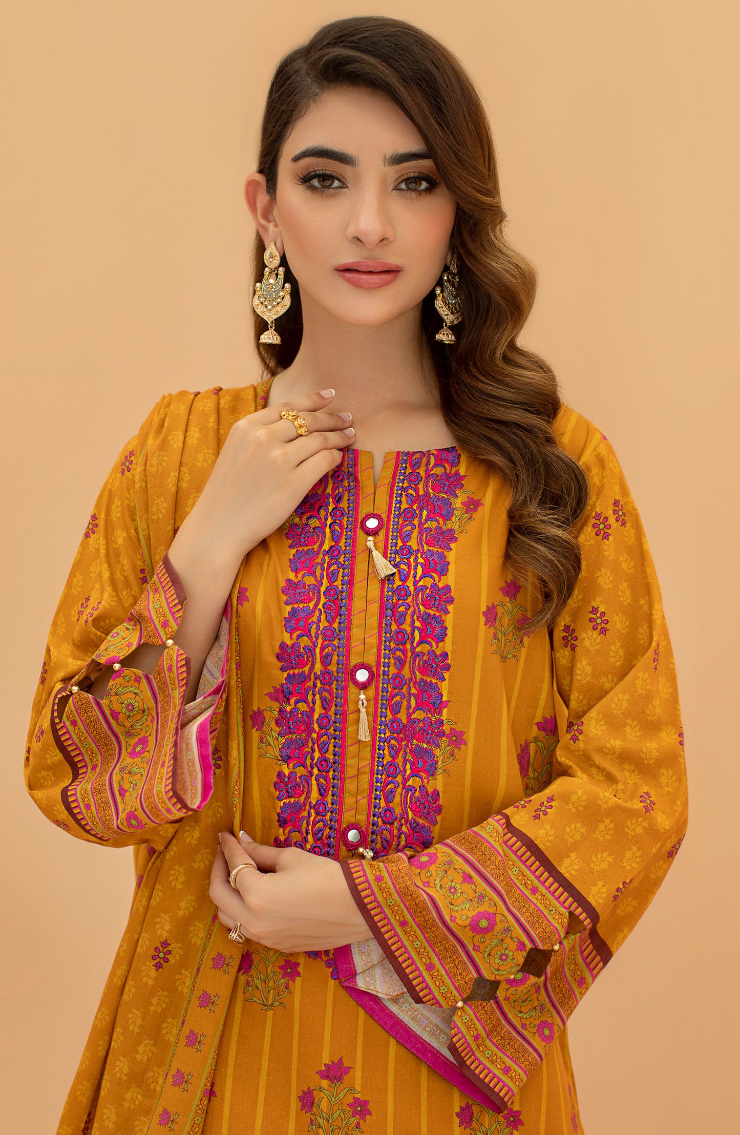 Stitched 3 Piece Embroidered Cambric Shirt , Cambric Pant and Lawn Dupatta (OTL-22-067/S YELLOW)