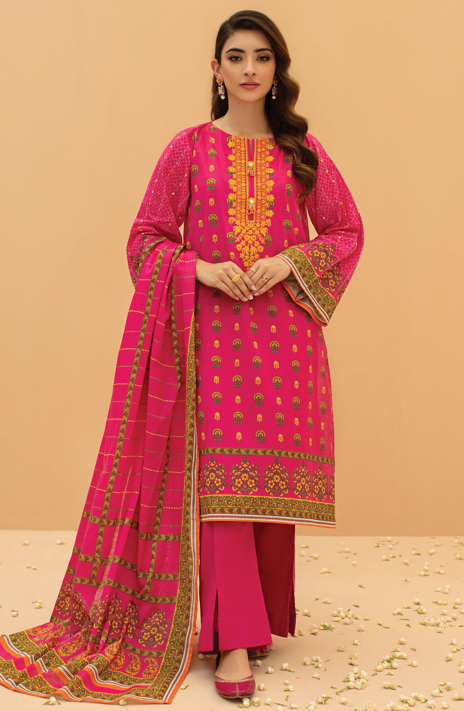Stitched 3 Piece Embroidered Cambric Shirt , Cambric Pant and Lawn Dupatta (OTL-22-069/S PINK)