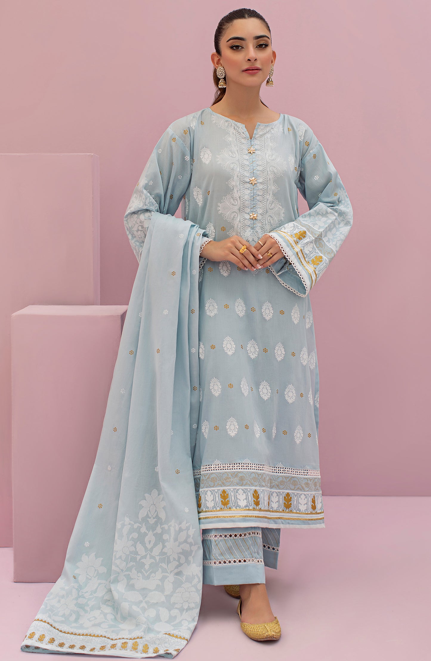 OTL-22-076/U BLUE LAWN  UNSTITCHED SHIRT DUPATTA PANTS