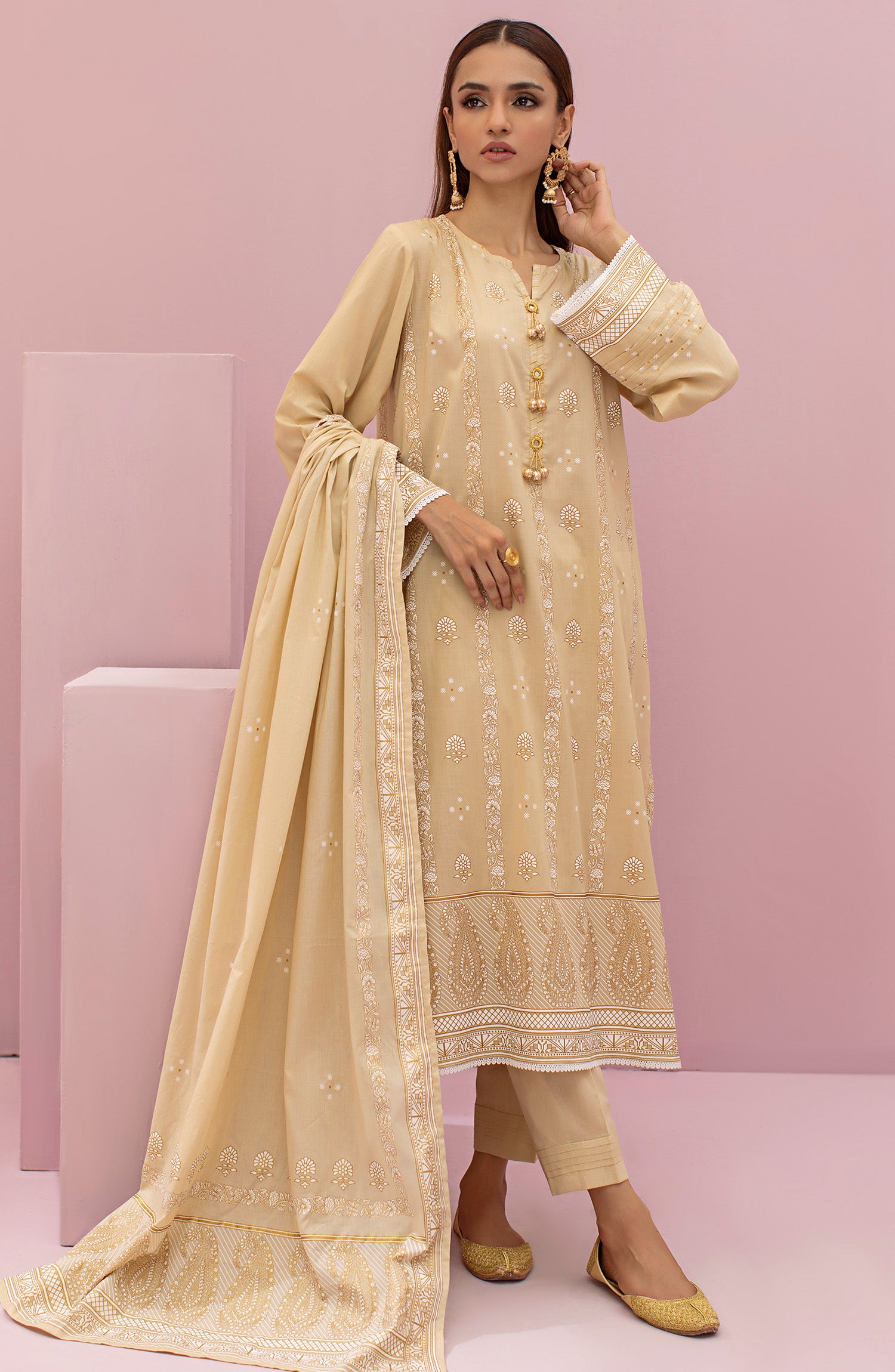 OTL-22-079/U BEIGE LAWN  UNSTITCHED SHIRT DUPATTA PANTS