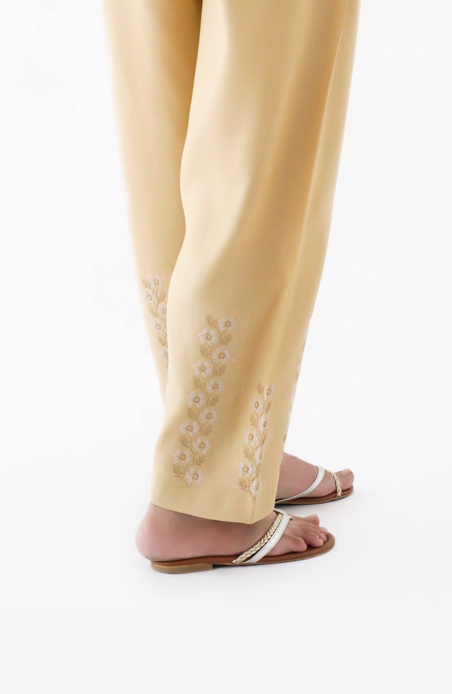 NRPE-74/S BEIGE RAW SILK SCPANTS STITCHED BOTTOMS PANTS