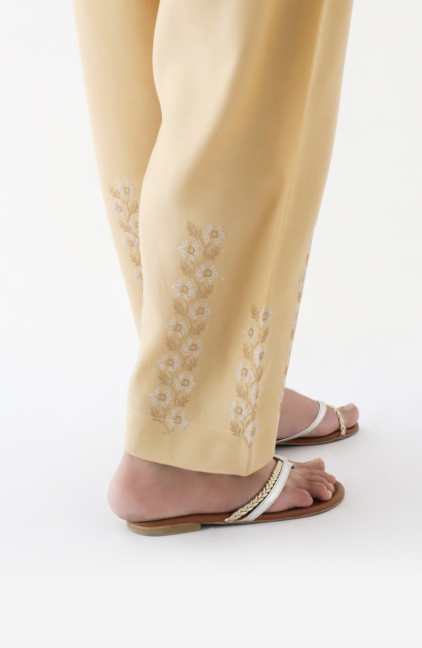 NRPE-74/S BEIGE RAW SILK SCPANTS STITCHED BOTTOMS PANTS