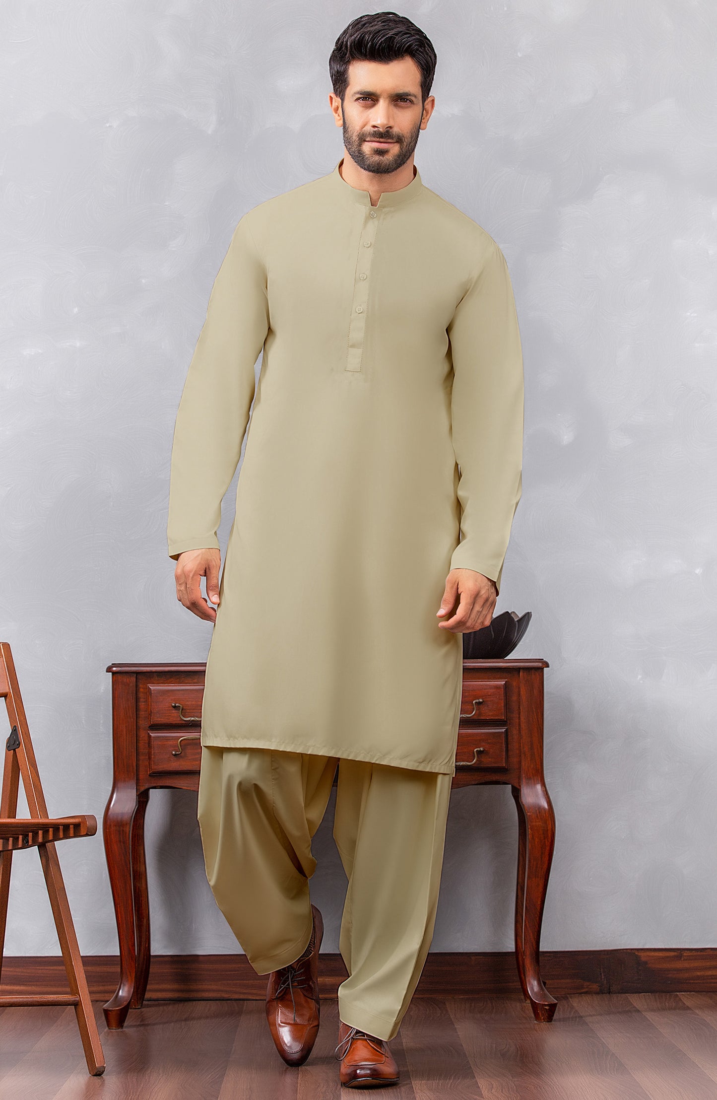 OMM-22-004/S BEIGE PREMIUM COTTON  READY TO WEAR KAMEEZ SHALWAR