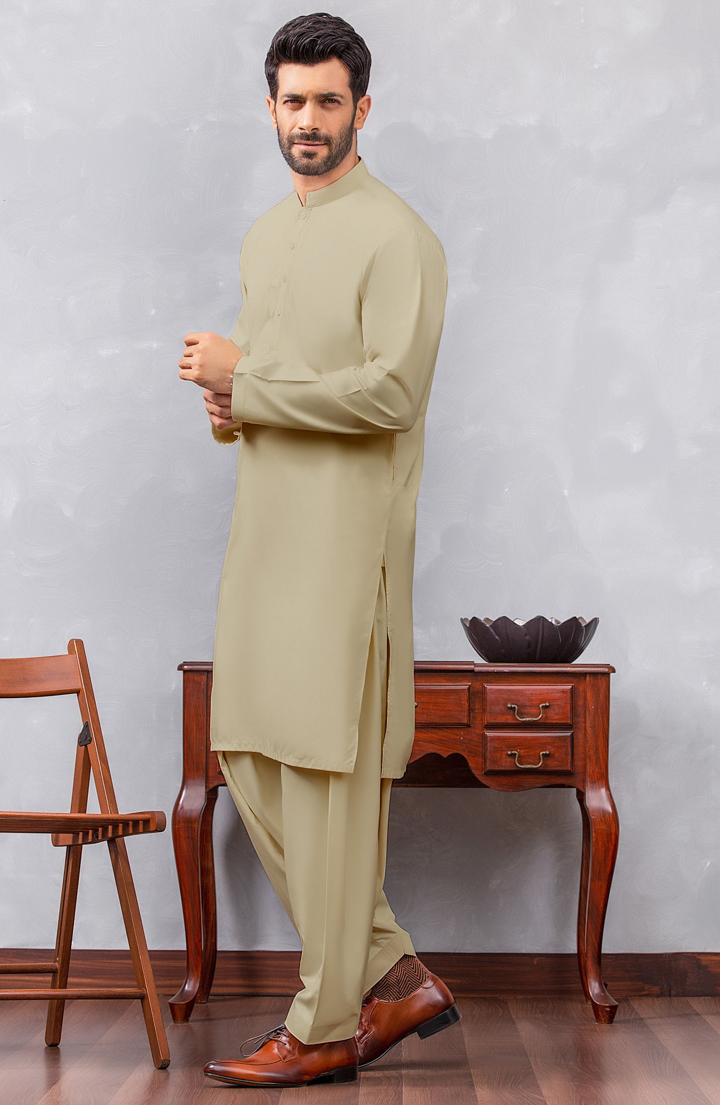 OMM-22-004/S BEIGE PREMIUM COTTON  READY TO WEAR KAMEEZ SHALWAR