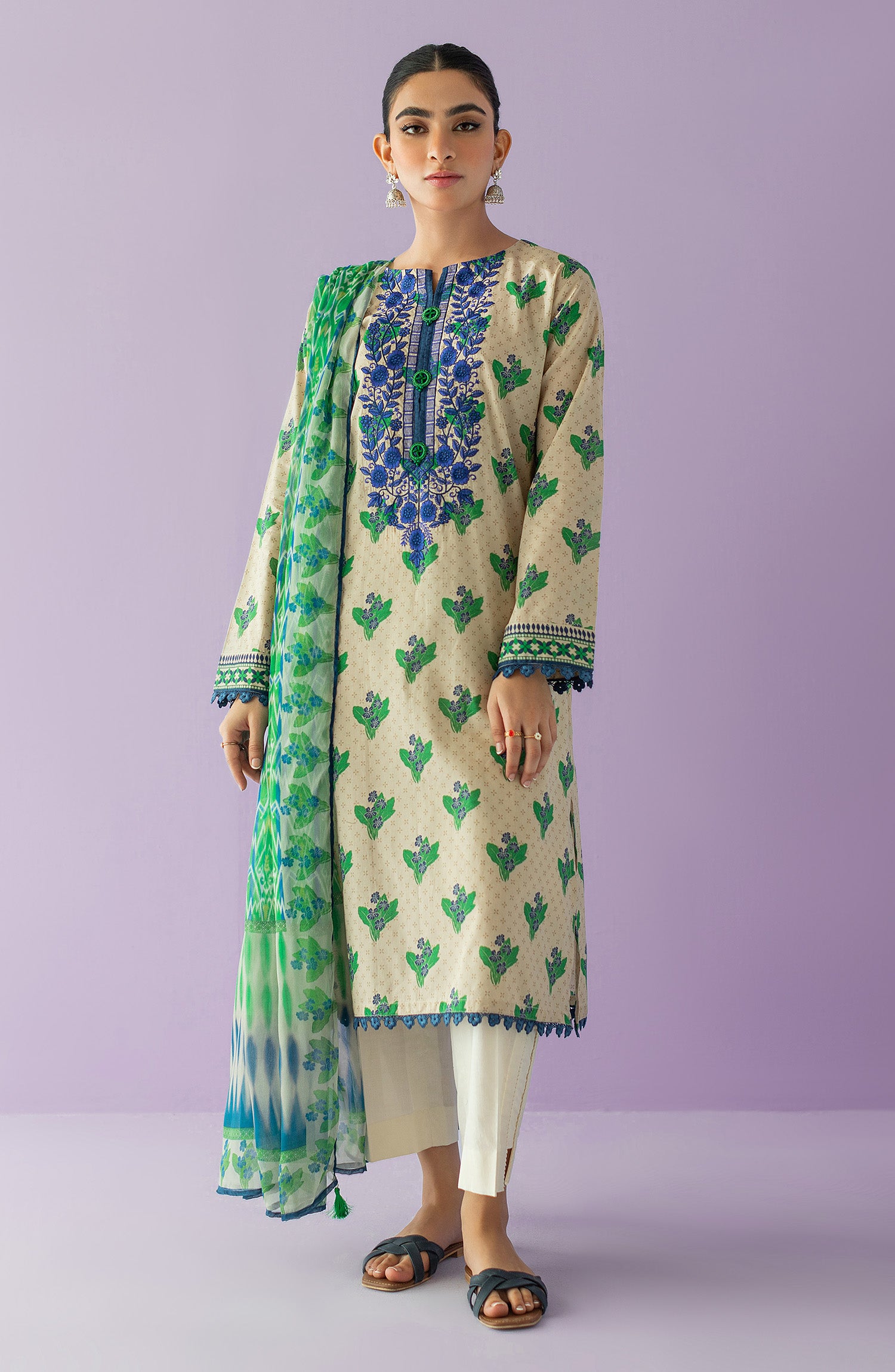 NRDS-23-020/U BEIGE LAWN  UNSTITCHED SHIRT DUPATTA