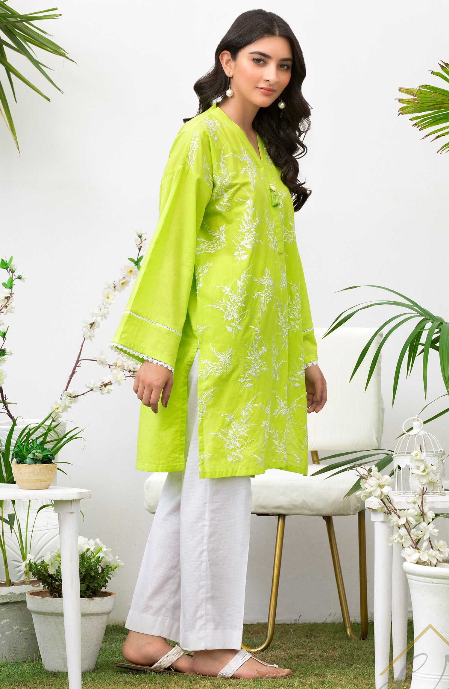Stitched 1 Piece Embroidered Cambric Shirt (NREK-54/S GREEN)