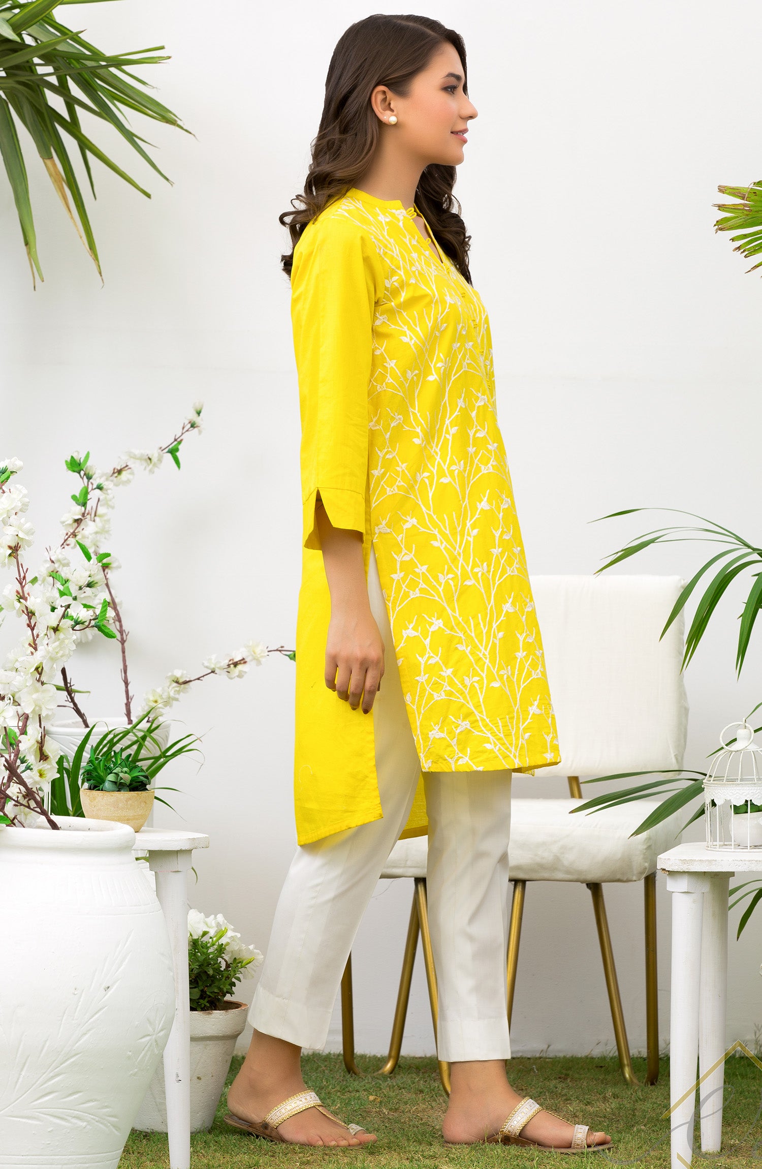 Stitched 1 Piece Embroidered Cambric Shirt (NREK-55/S YELLOW)