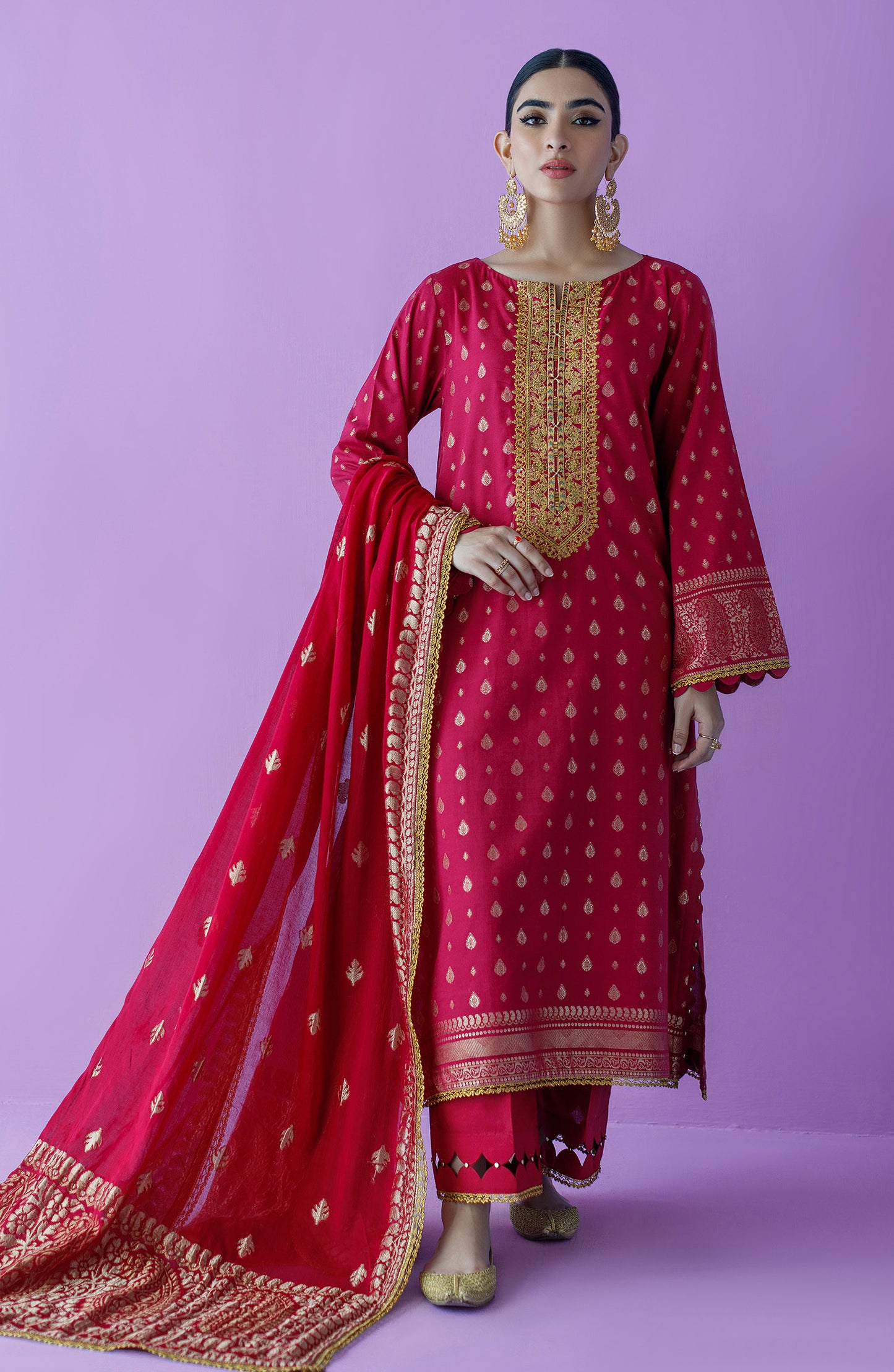 OTLF-23-019/U RED JACQUARD  UNSTITCHED SHIRT DUPATTA PANTS