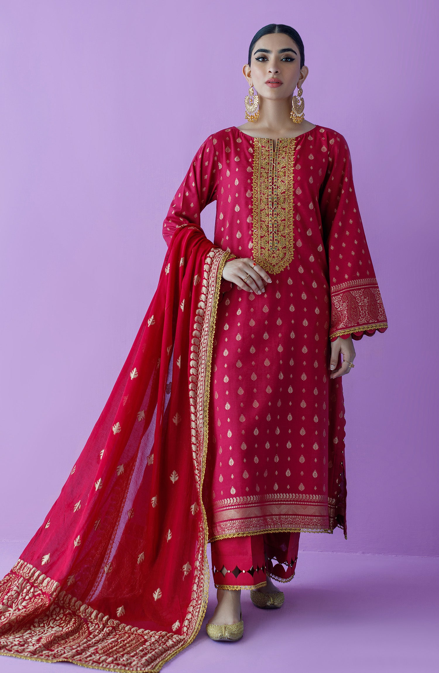 OTLF-23-019/U RED JACQUARD  UNSTITCHED SHIRT DUPATTA PANTS