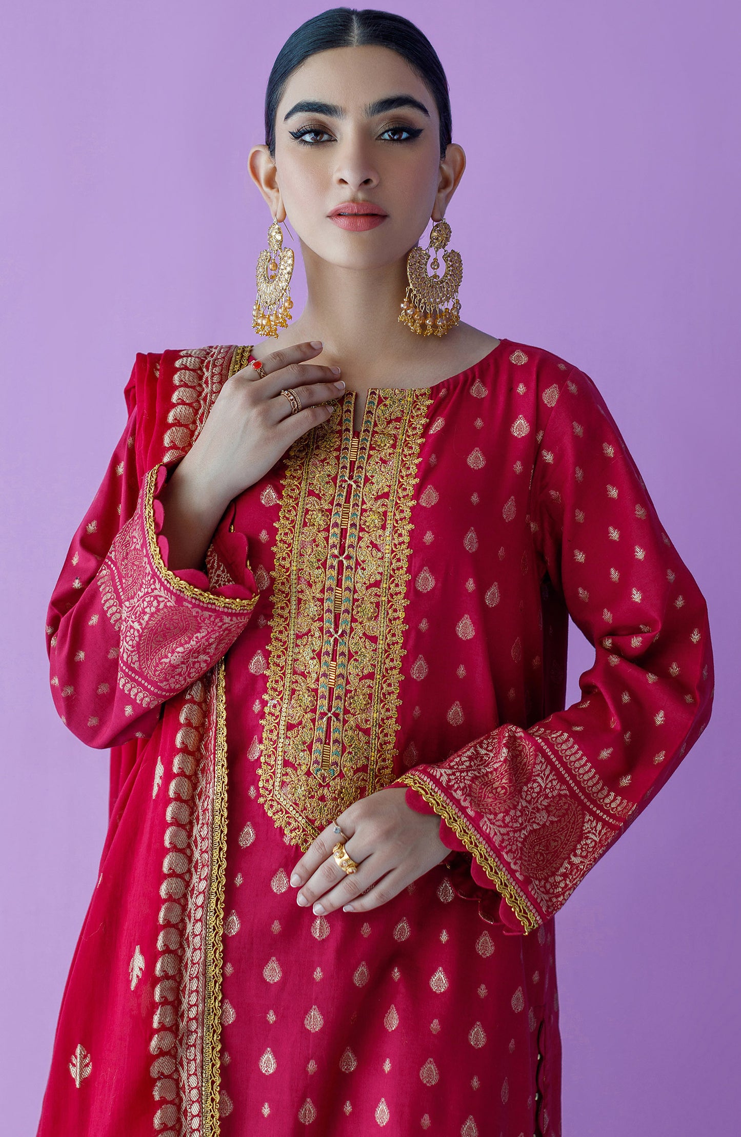 OTLF-23-019/U RED JACQUARD  UNSTITCHED SHIRT DUPATTA PANTS