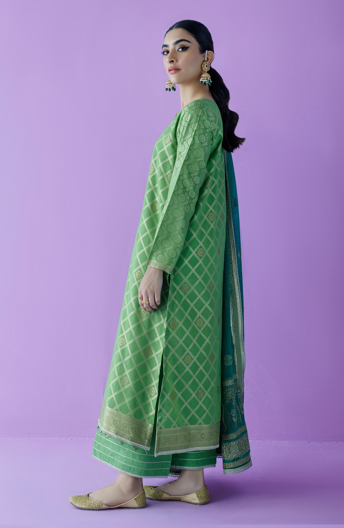 OTLF-23-020/U GREEN JACQUARD  UNSTITCHED SHIRT DUPATTA PANTS