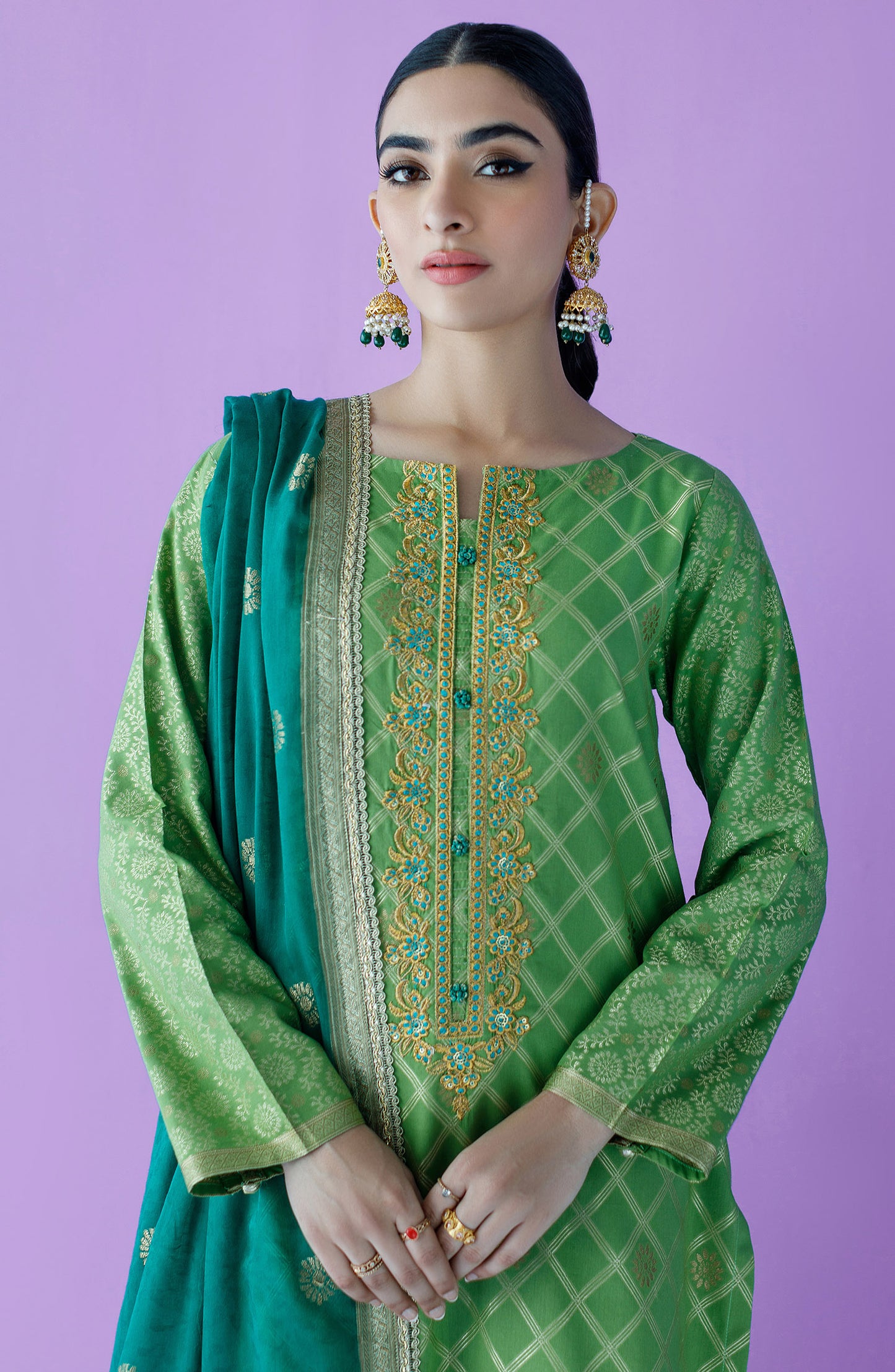OTLF-23-020/U GREEN JACQUARD  UNSTITCHED SHIRT DUPATTA PANTS