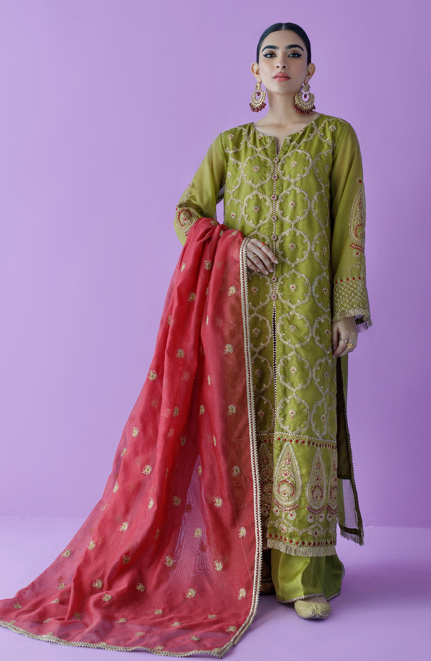 OTLF-23-026 GREEN KHADDI NET  UNSTITCHED SHIRT DUPATTA PANTS