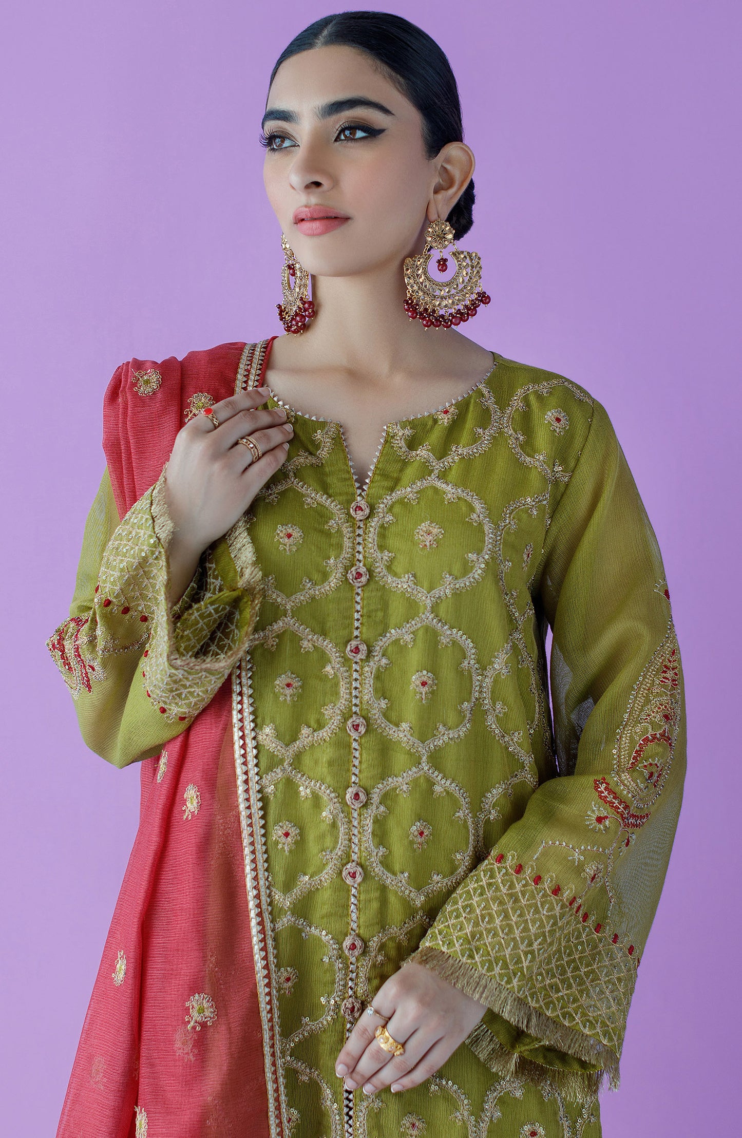 OTLF-23-026 GREEN KHADDI NET  UNSTITCHED SHIRT DUPATTA PANTS