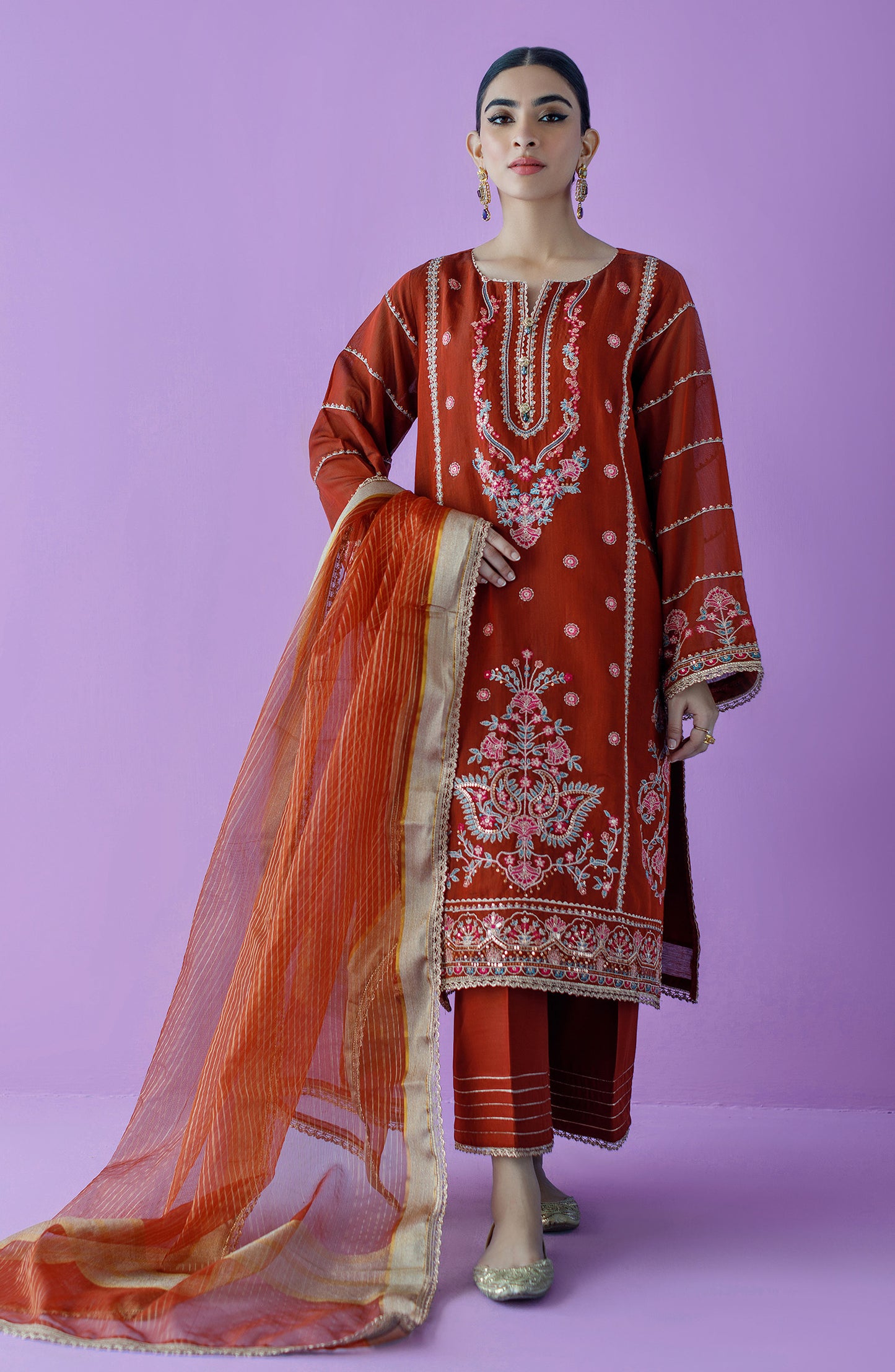 OTLF-23-038 MAROON PAPER COTTON  UNSTITCHED SHIRT DUPATTA PANTS
