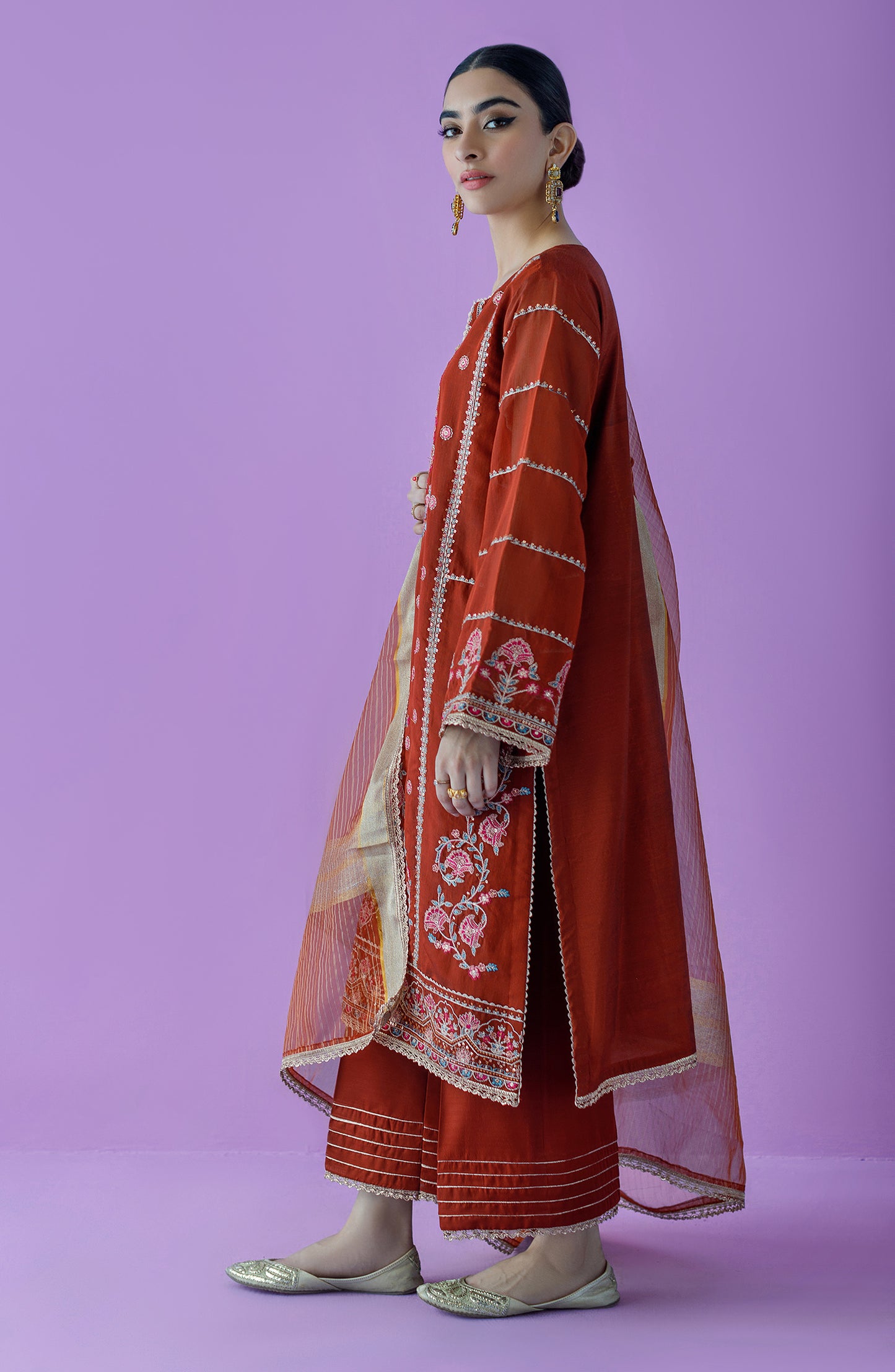 OTLF-23-038 MAROON PAPER COTTON  UNSTITCHED SHIRT DUPATTA PANTS