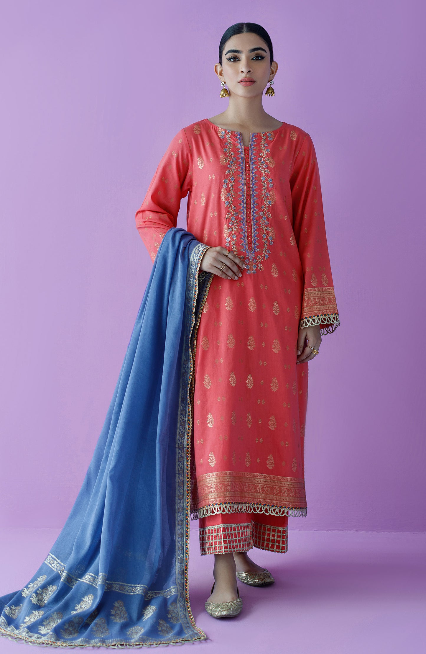 OTLF-23-021/U PEACH JACQUARD  UNSTITCHED SHIRT DUPATTA PANTS