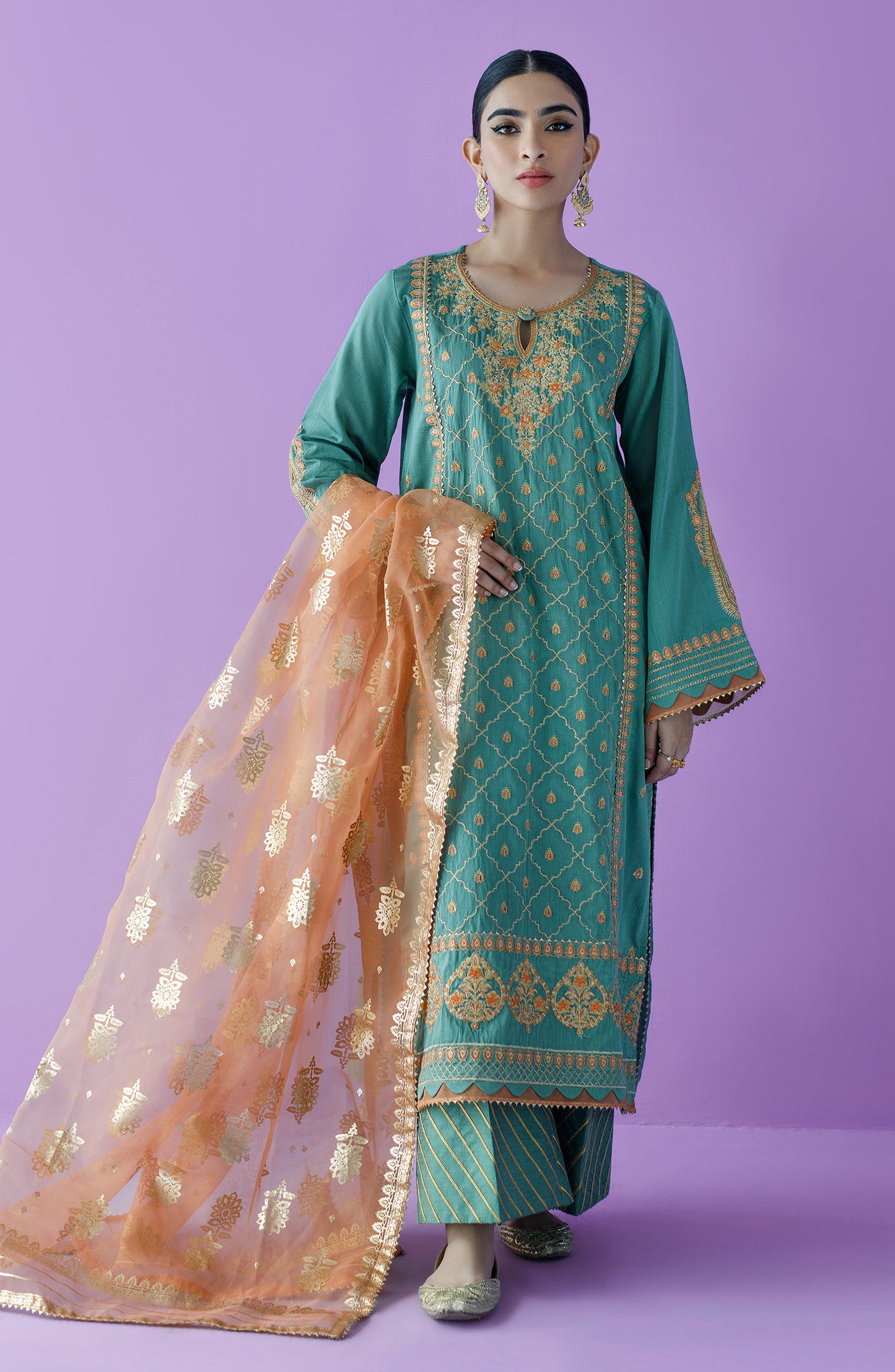 OTLF-23-023 GREEN COTTON SILK  UNSTITCHED SHIRT DUPATTA PANTS
