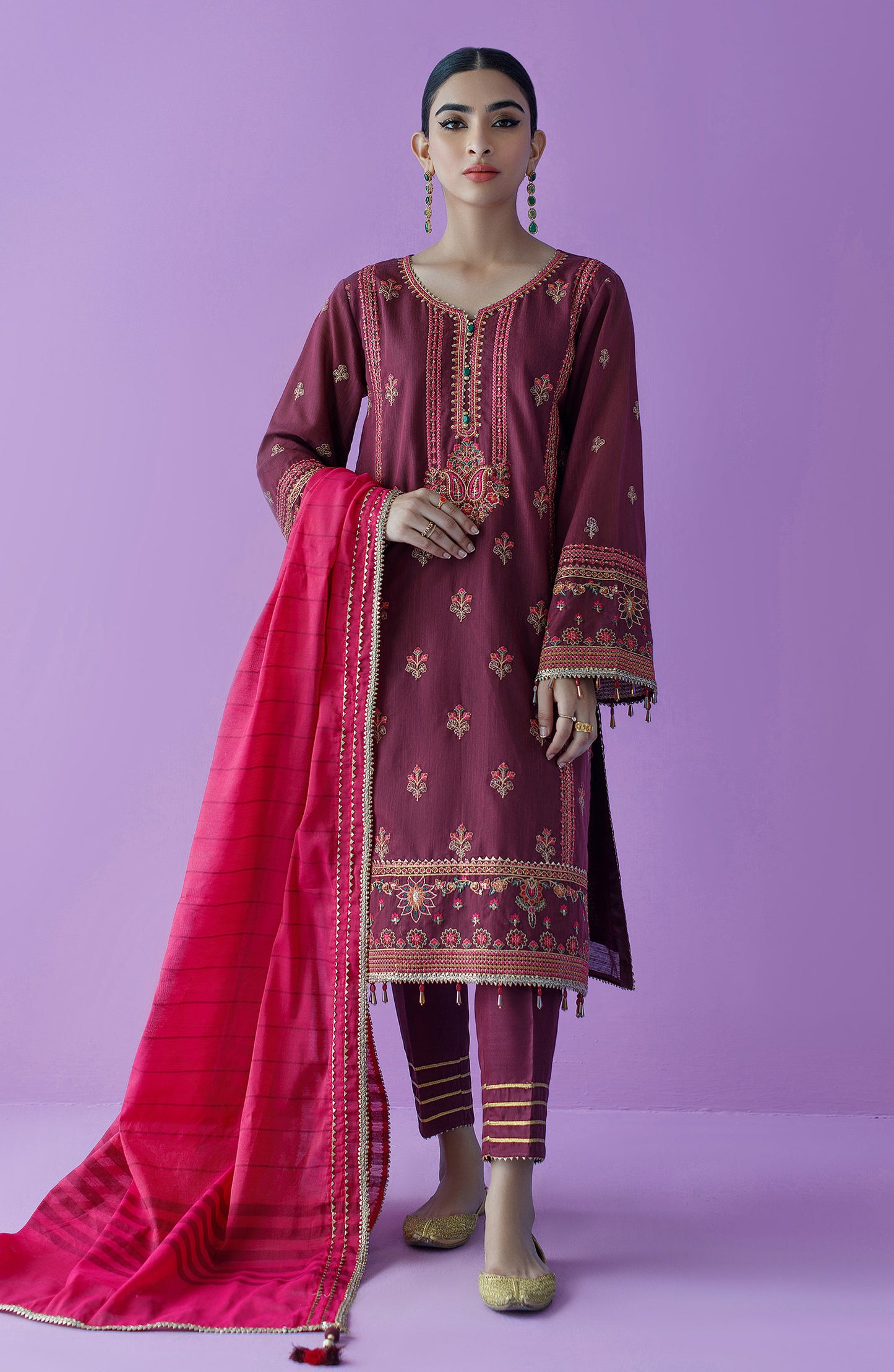 OTLF-23-037 MAGENTA PAPER COTTON  UNSTITCHED SHIRT DUPATTA PANTS