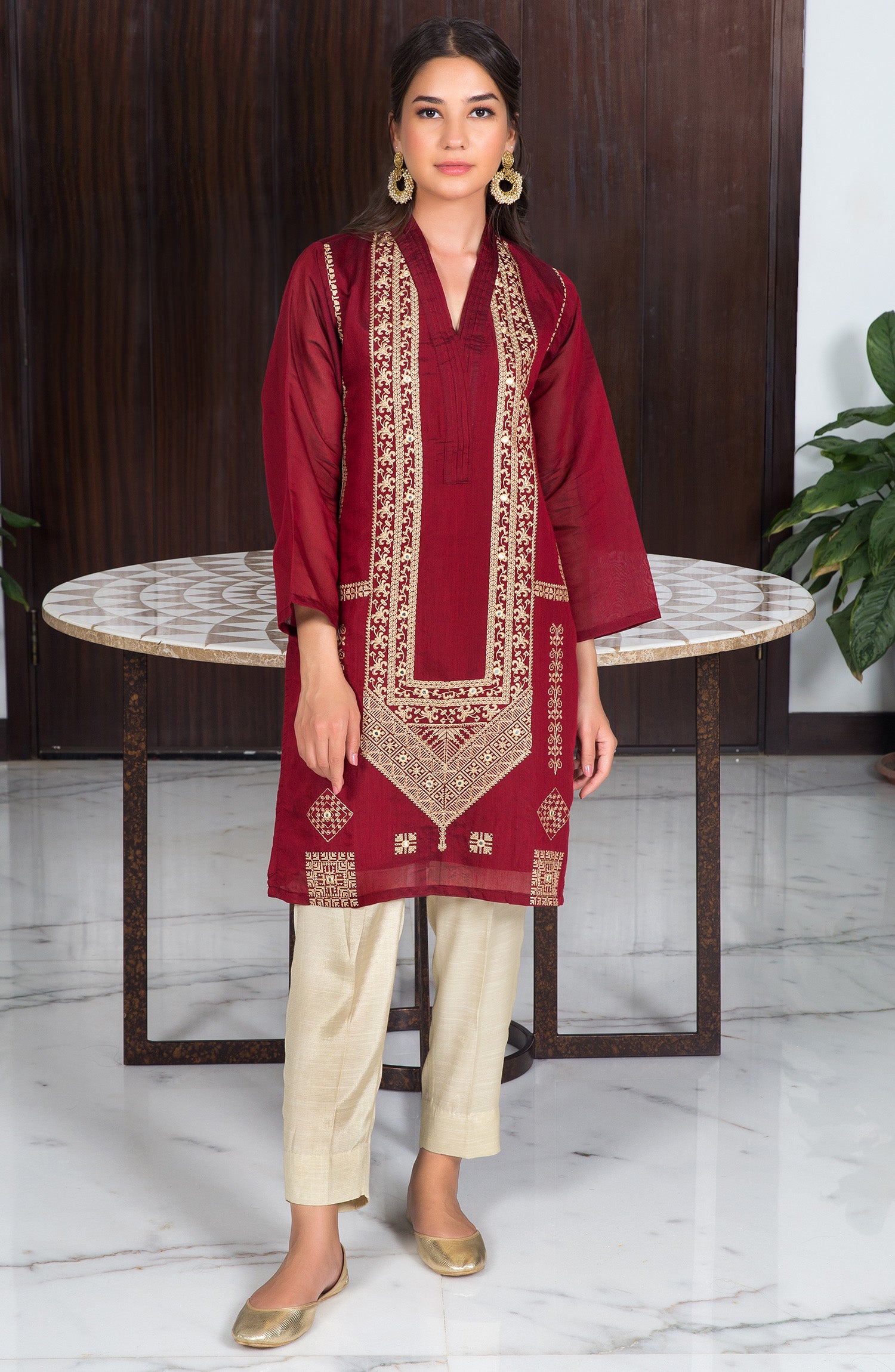 Stitched 1 Piece Embroidered Cotton Shirt (NRHC-84/S MAROON)