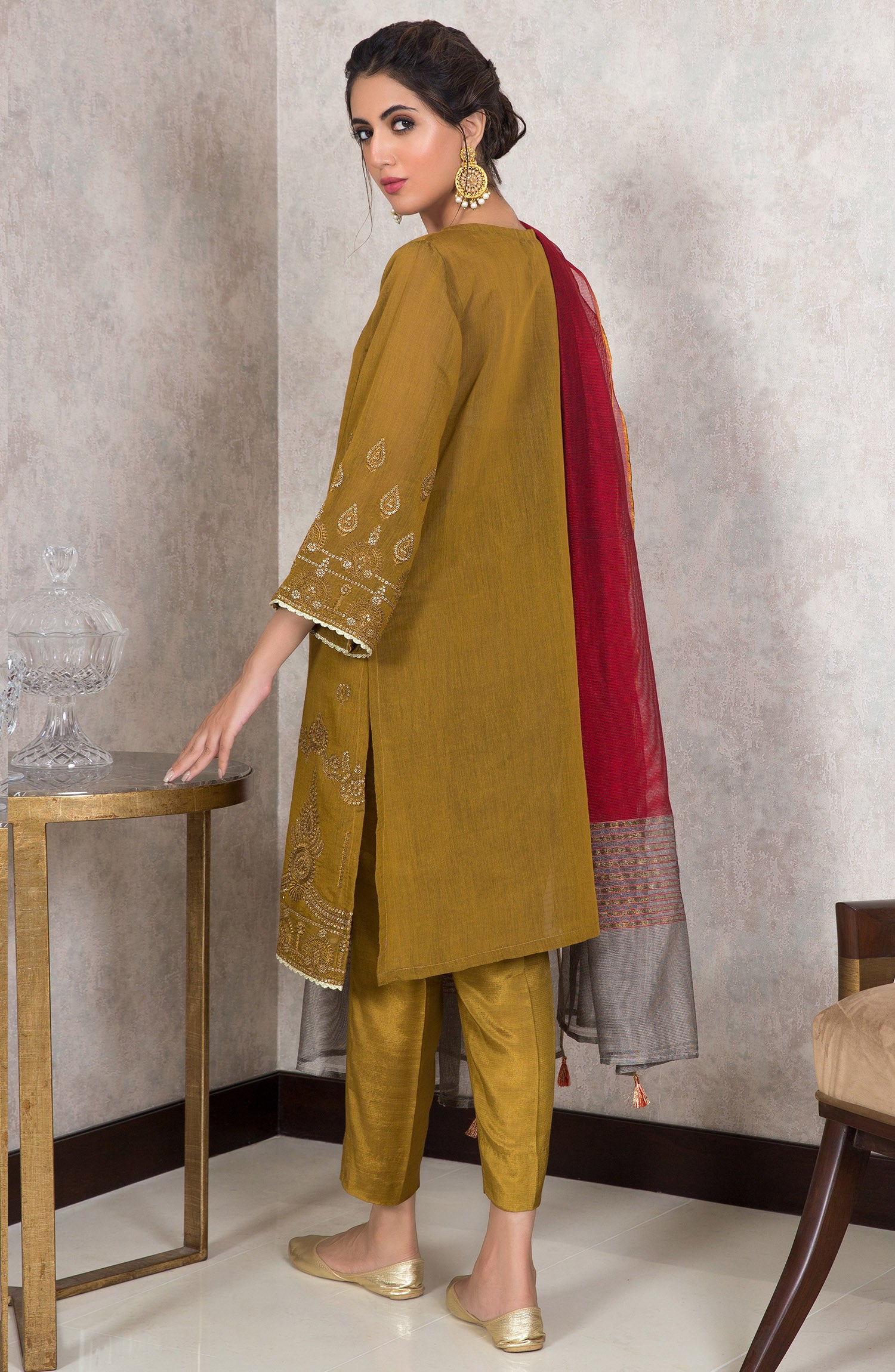 Stitched 3 Piece Embroidered Yarn Dyed Powerloom Suit