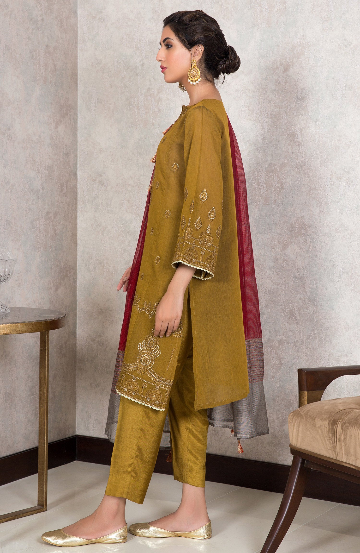 Stitched 3 Piece Embroidered Yarn Dyed Powerloom Suit (NRF-21/S MUSTARD)