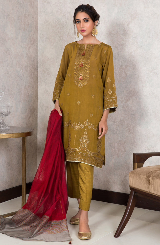 Stitched 3 Piece Embroidered Yarn Dyed Powerloom Suit