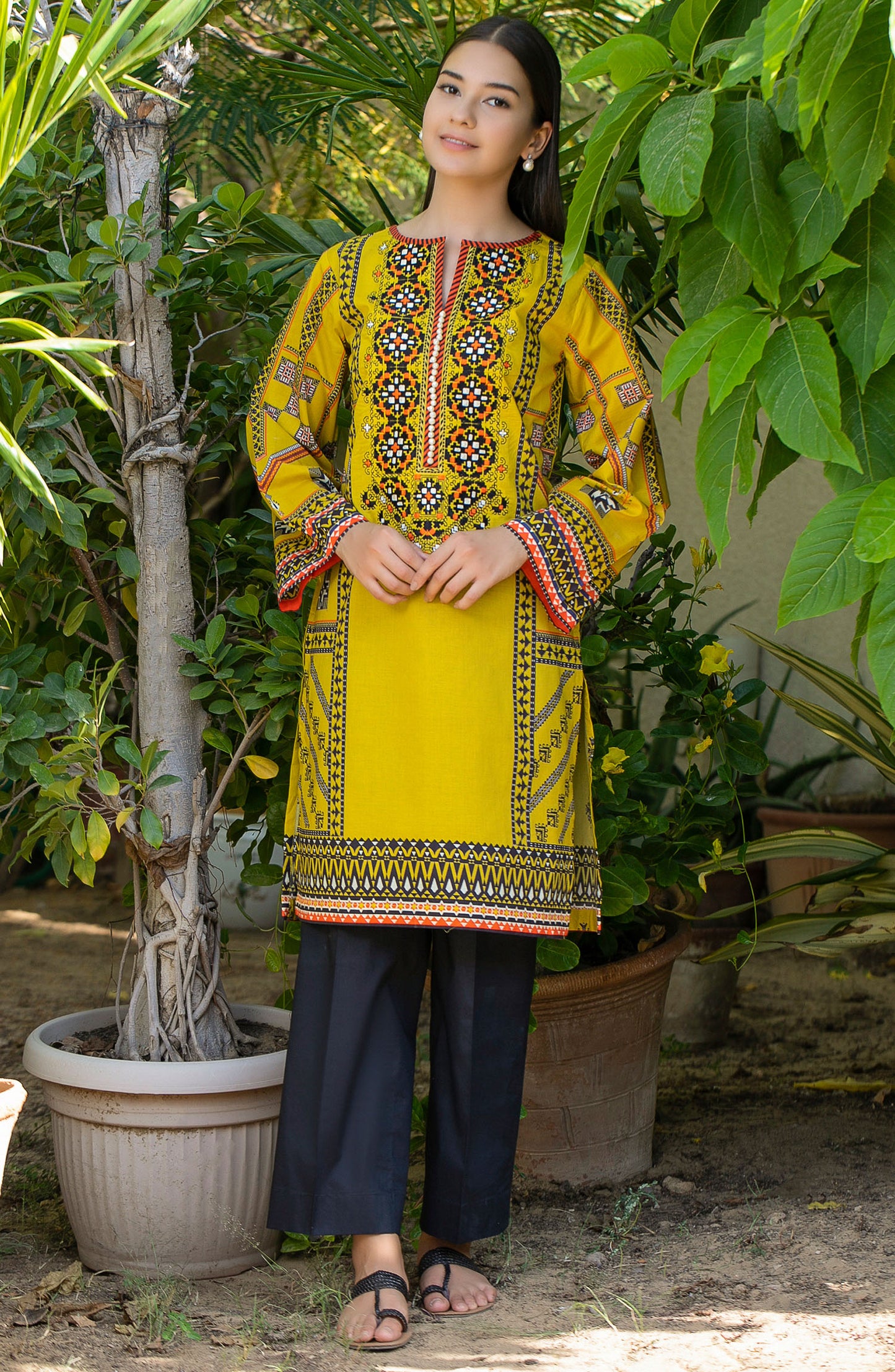 Stitched 1 Piece Embroidered Cambric Shirt (NRD-323 MUSTARD BLACK)