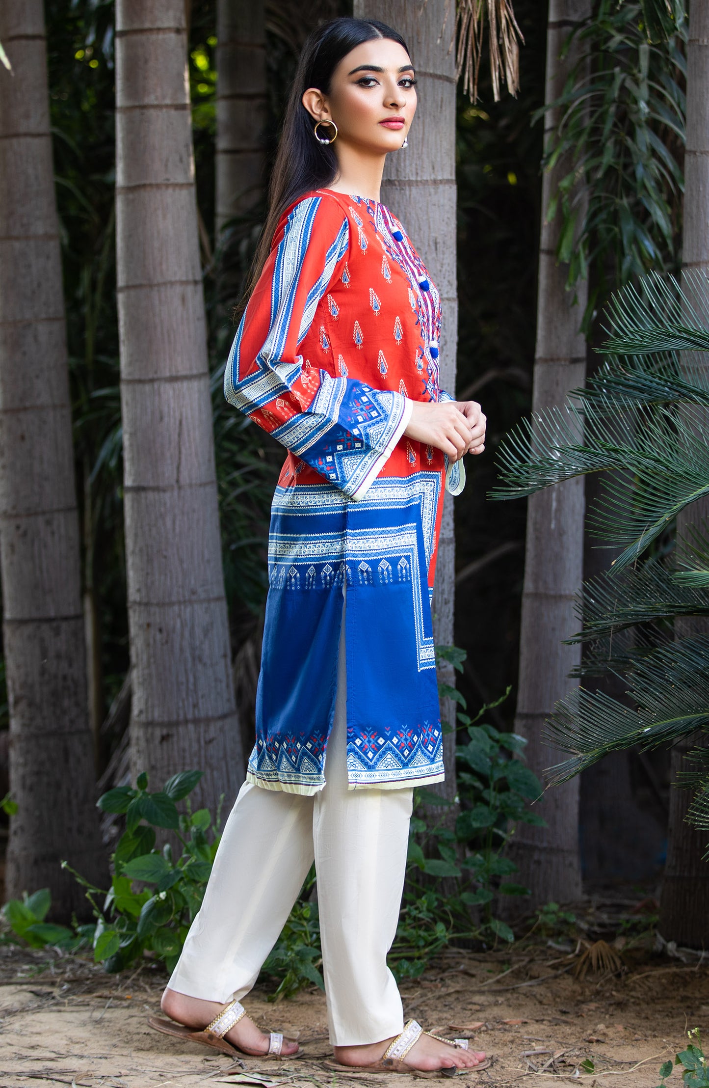 Stitched 1 Piece Embroidered Cambric Shirt (NRD-325 RED BLUE)
